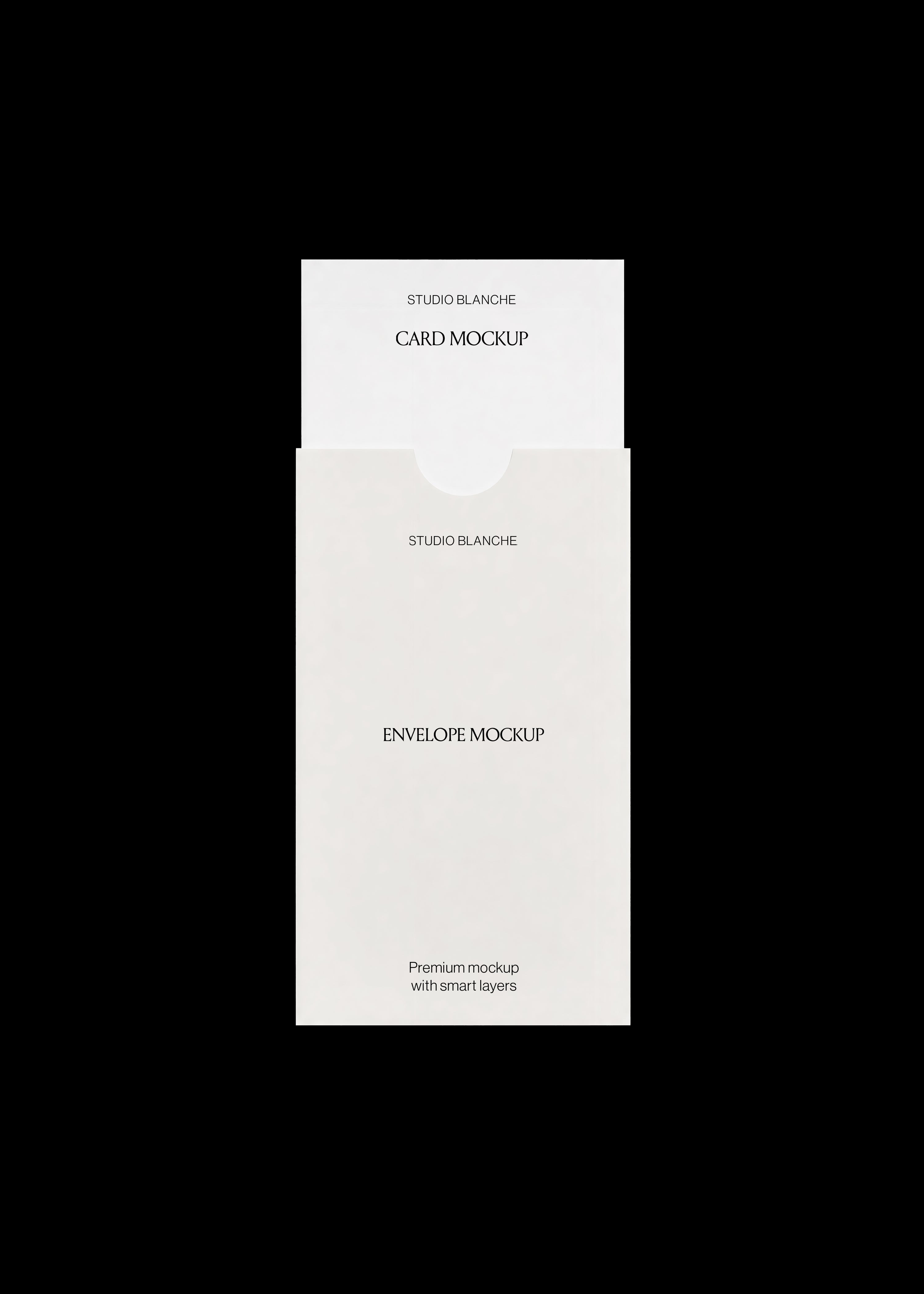 White card in cream envelope sleeve, top label copy visible, embossed logo detail below, editorial stationery mockup