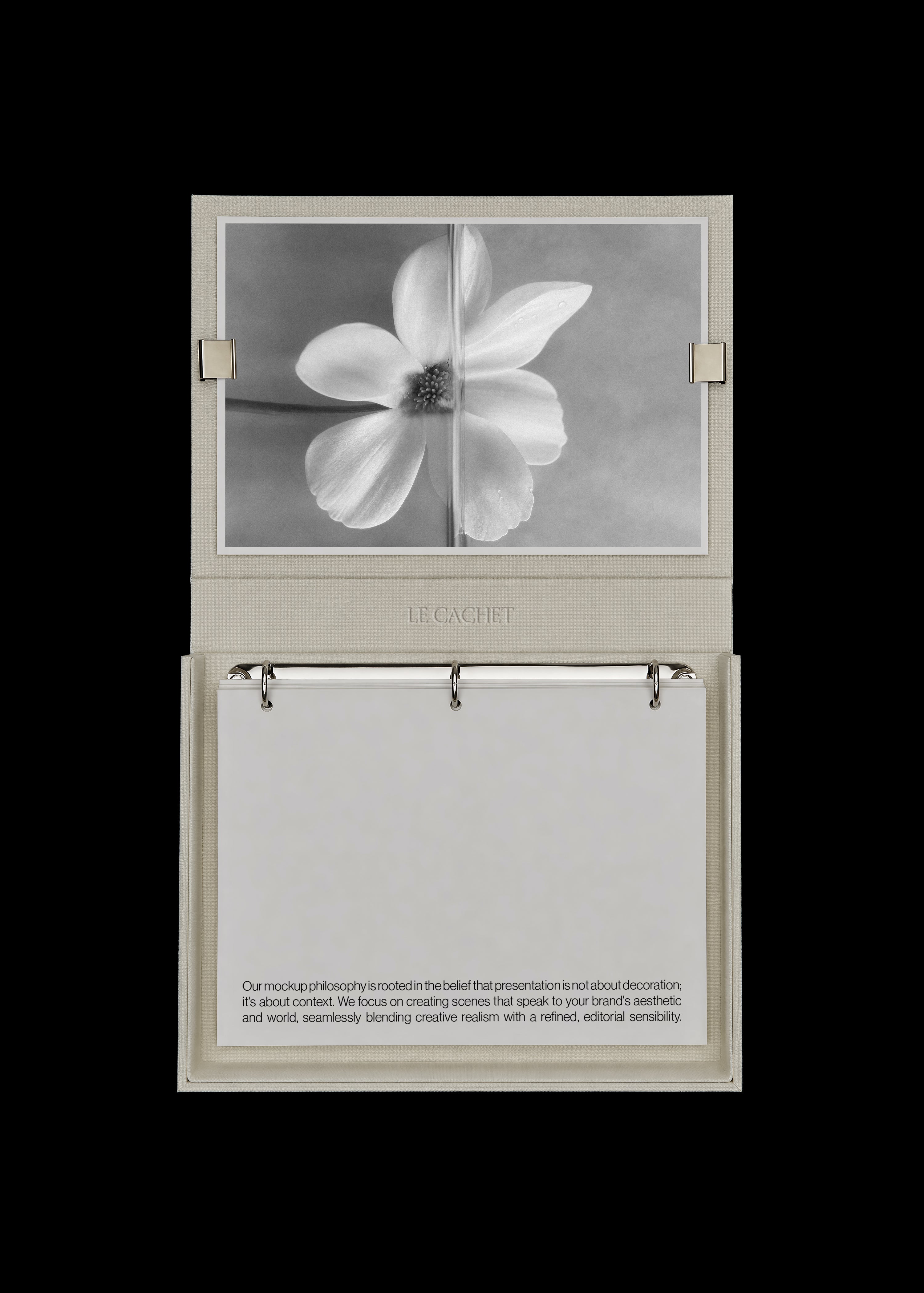Binder and card mockup with open linen box, ring binder and black and white flower print card, minimal editorial styling