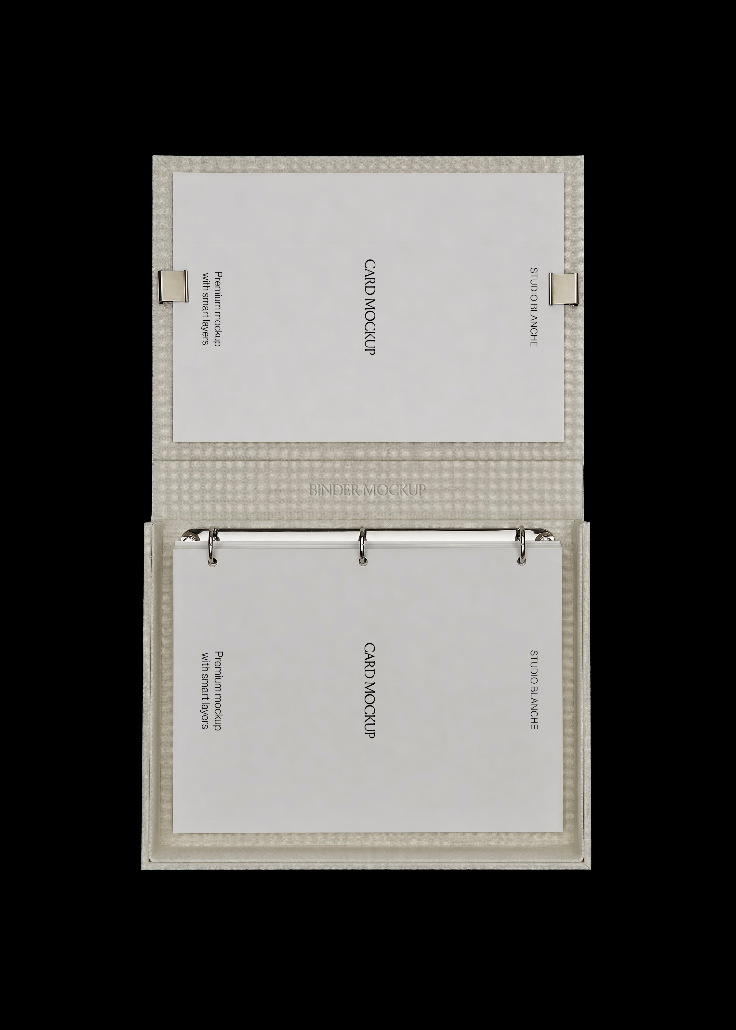Binder and card mockup in oatmeal linen box with chrome rings and two light grey cards on black background, top-down view