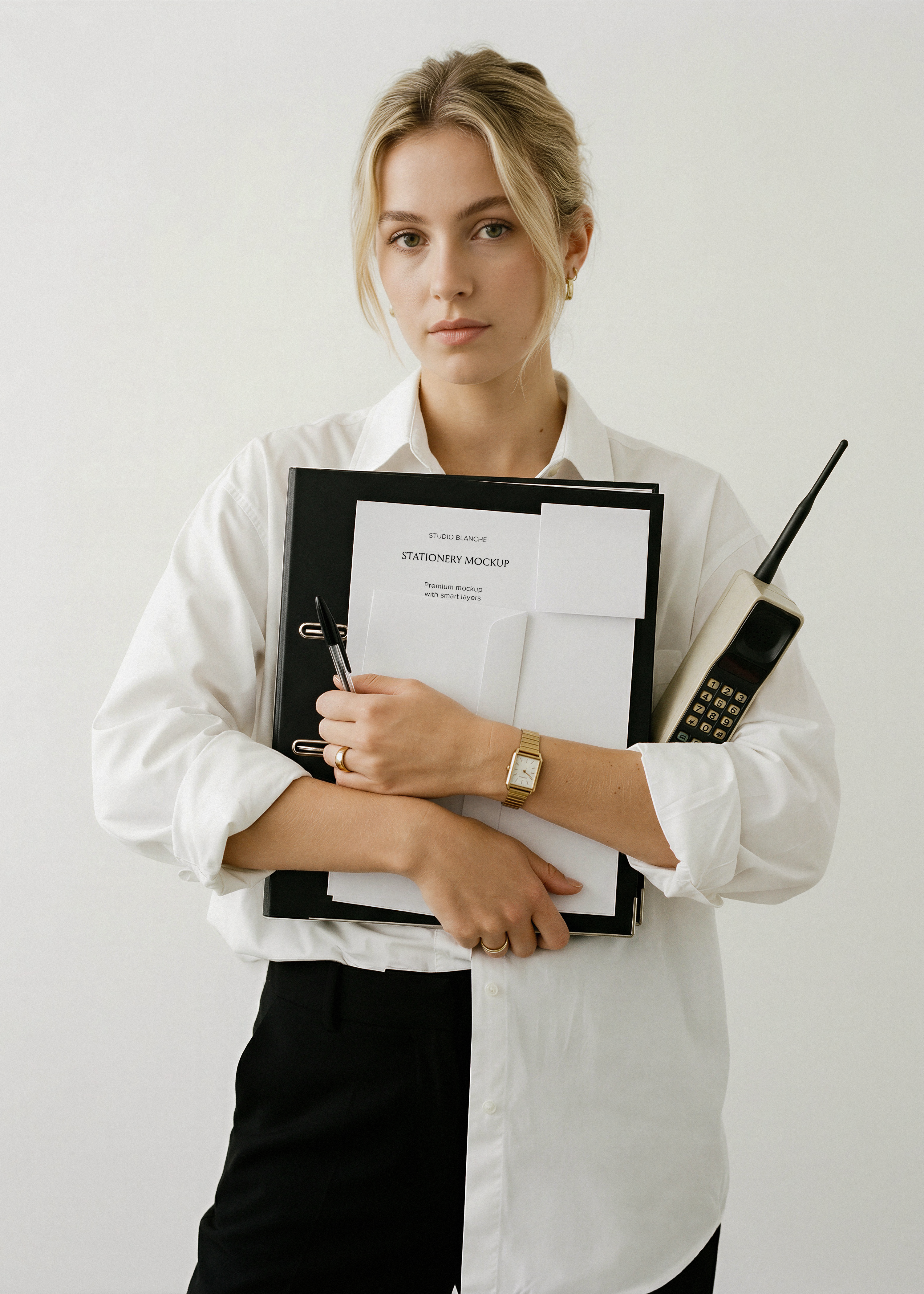 Blank A4 card with envelope and small sticky note on black folder, held with black pen, retro office styling and gold watch