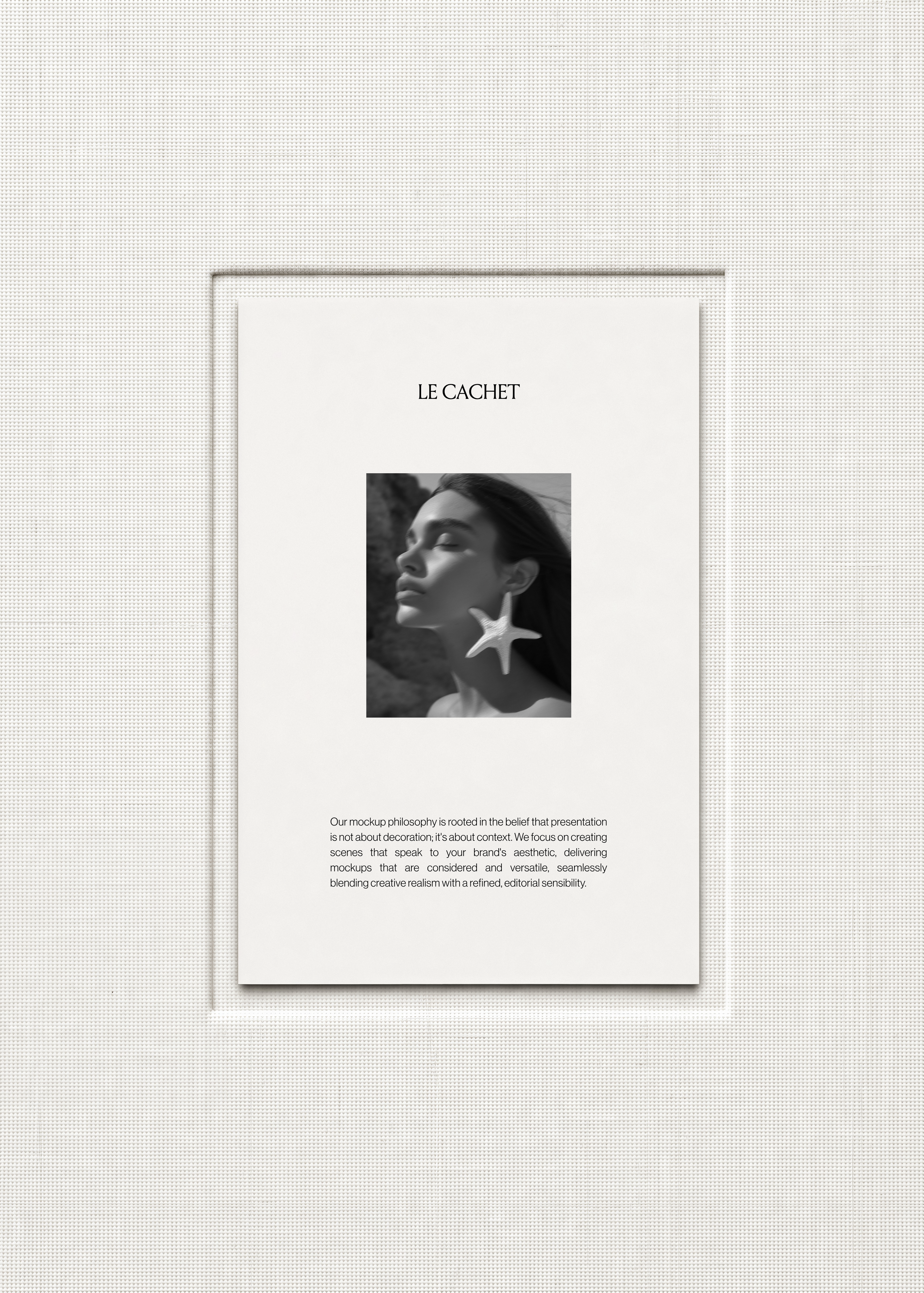 Poster mockup on textured linen mount board with a black and white portrait print, minimal editorial layout