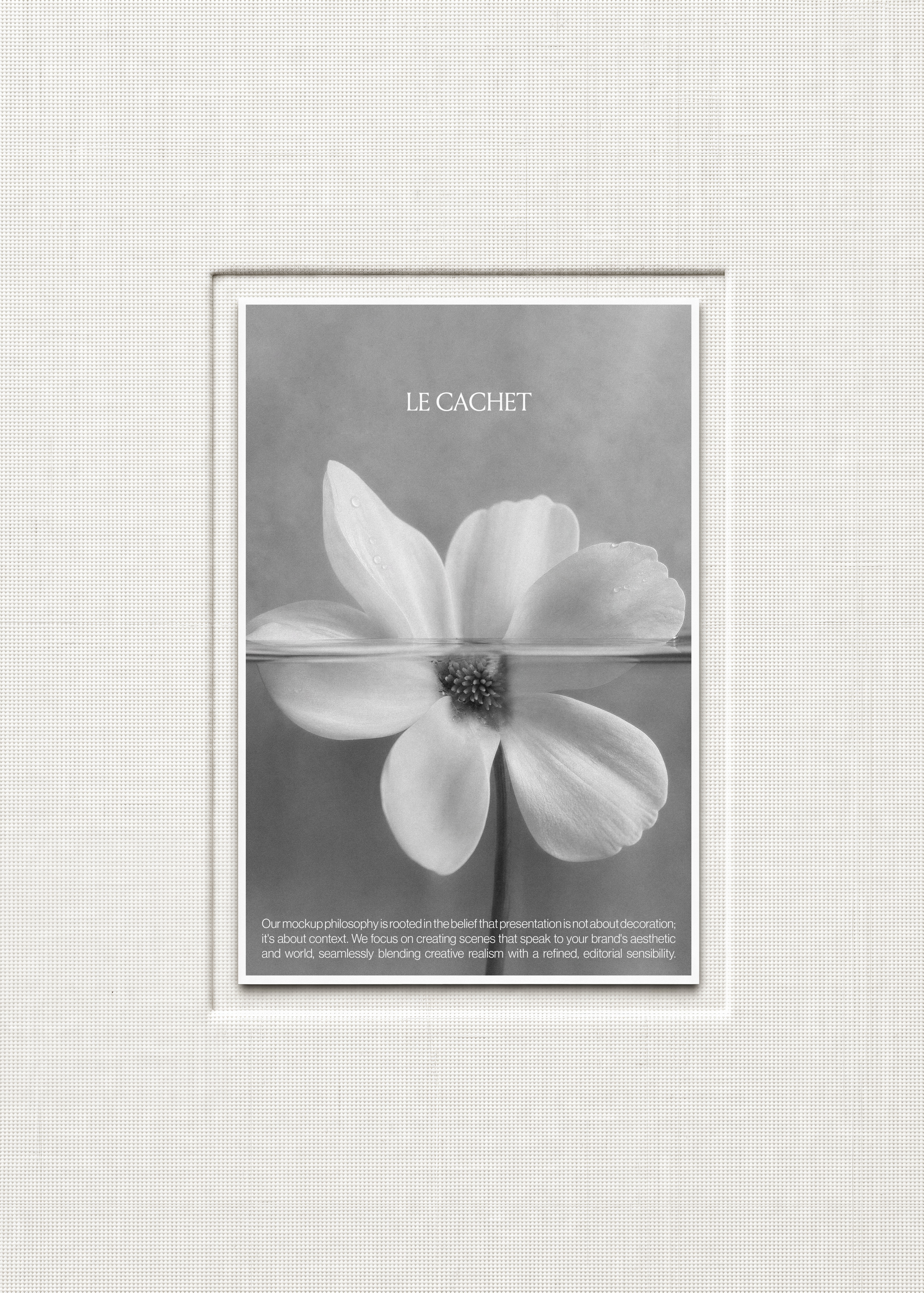 Poster mockup on textured linen mount board with a black and white portrait print, minimal editorial layout