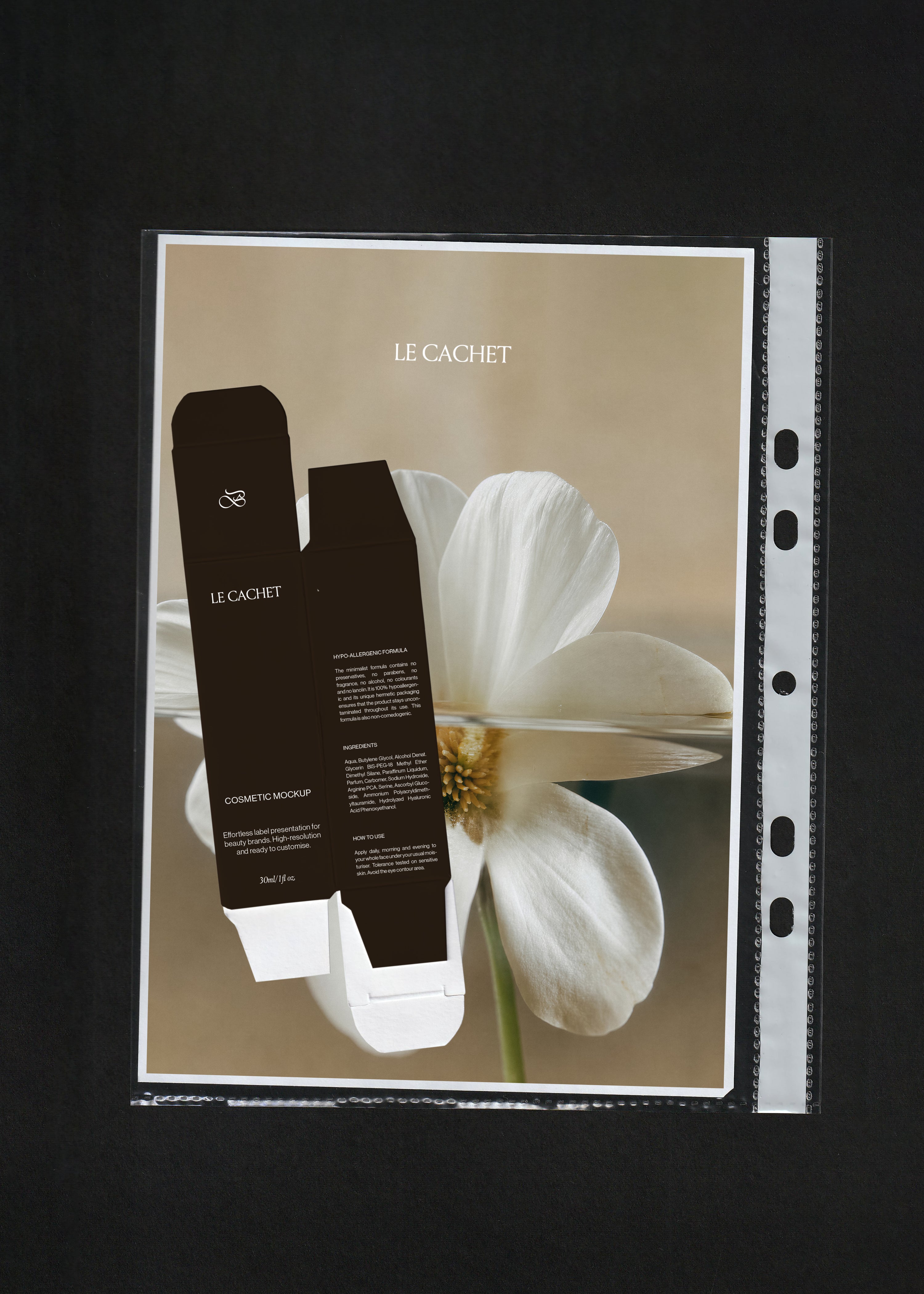 Cosmetic box mockup on a printed sheet inside a clear punched pocket, dark carton over a white flower image