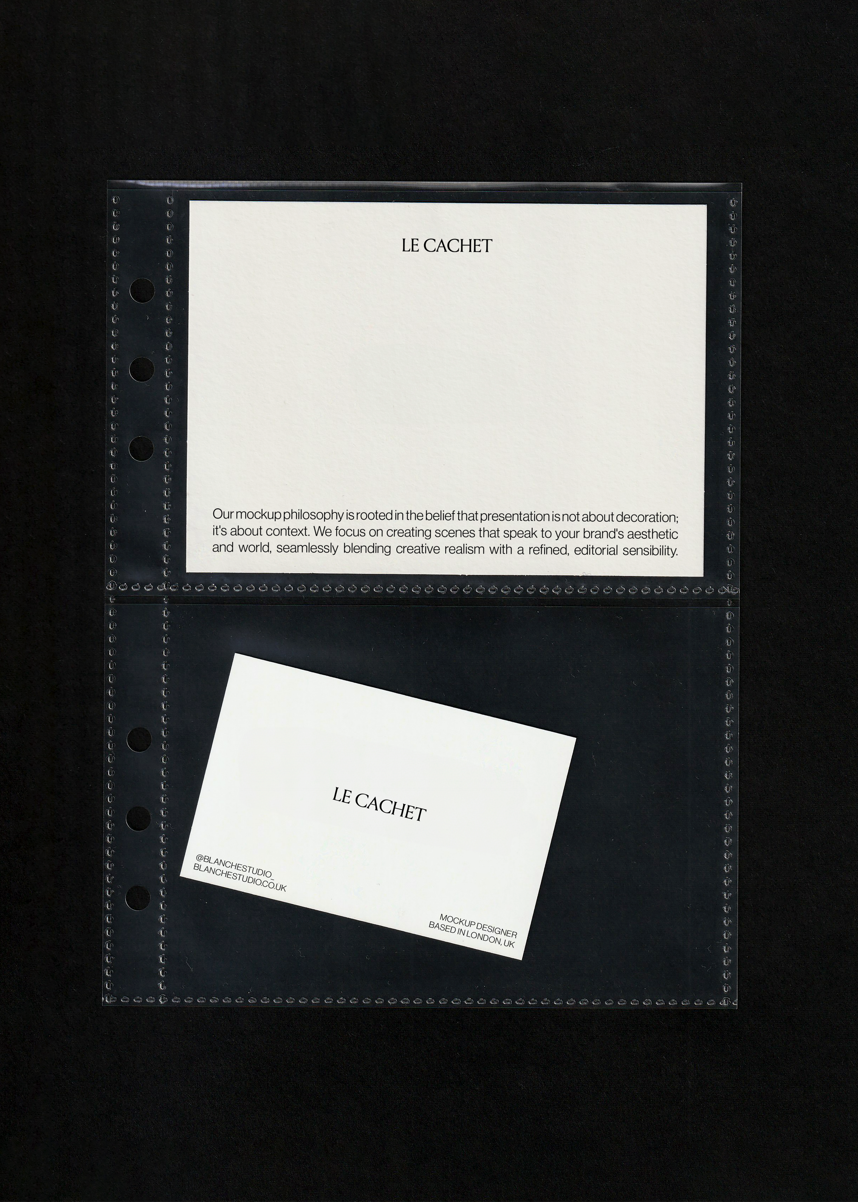 Scanned card and business card mockup in a clear punched pocket, cards tilted on a black textured background