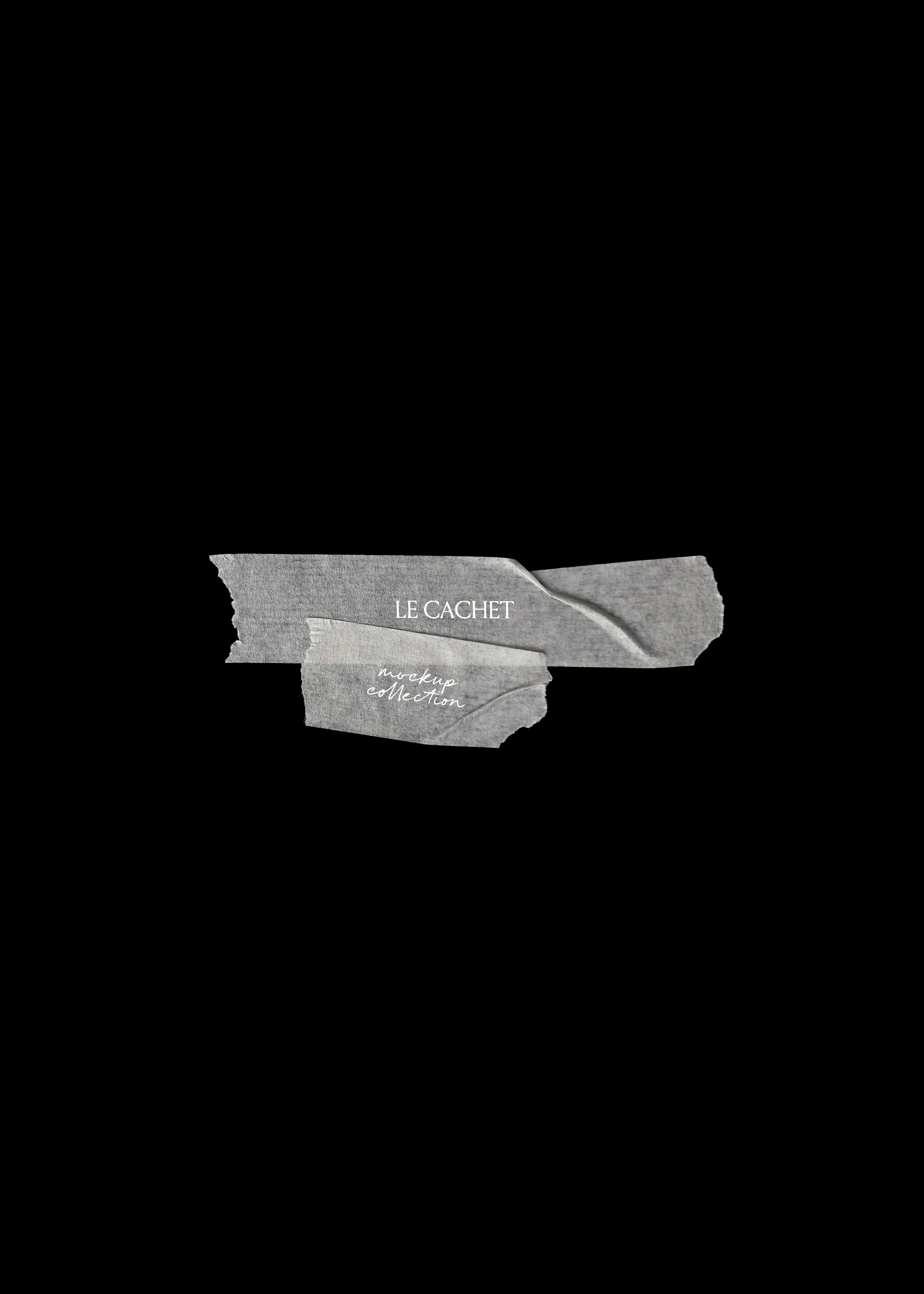 Two torn grey paper tape strips overlapping on black, upper strip with serif wordmark, lower with script