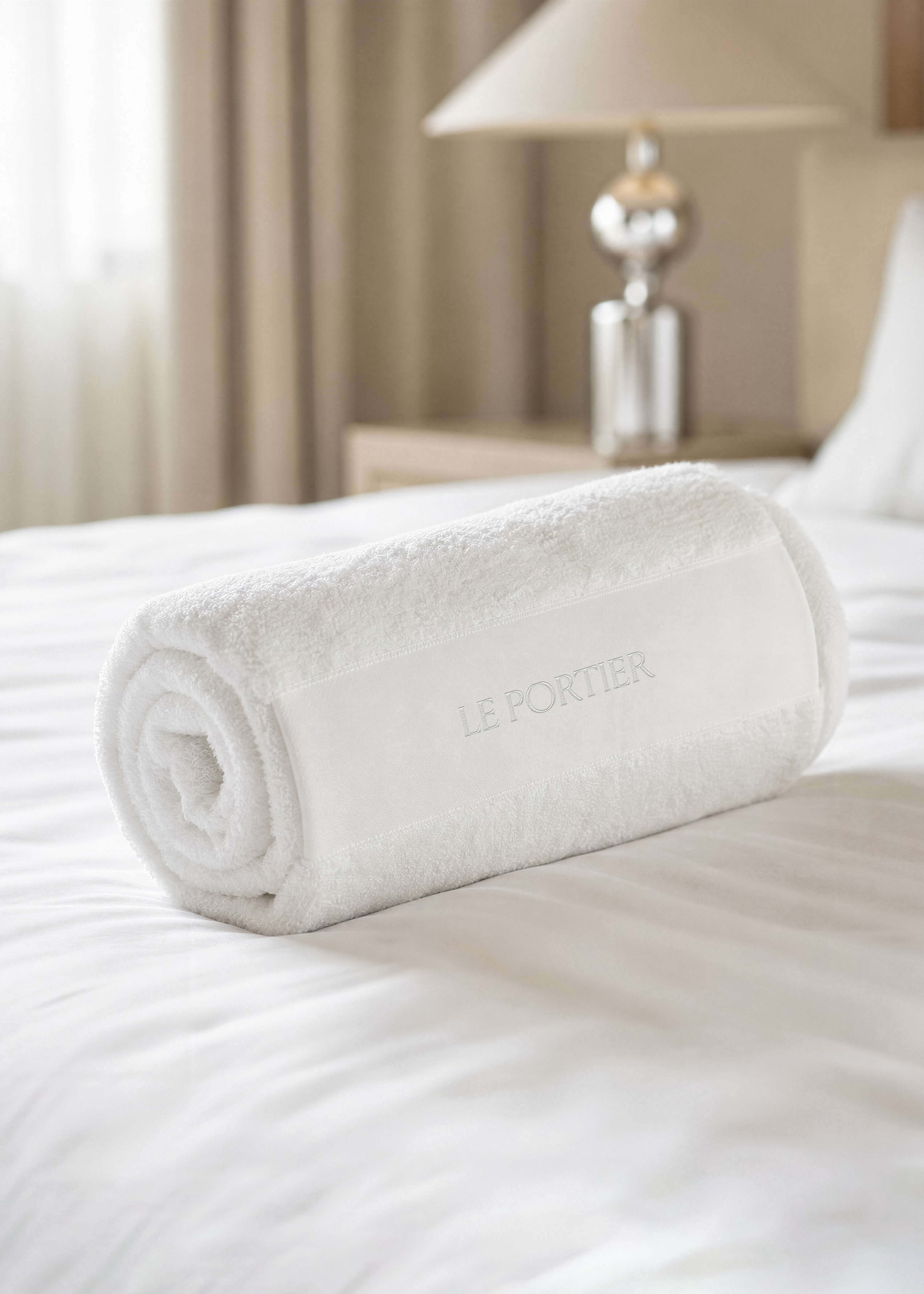Rolled white towel mockup with embroidered band on a hotel bed, table lamp blurred in the background