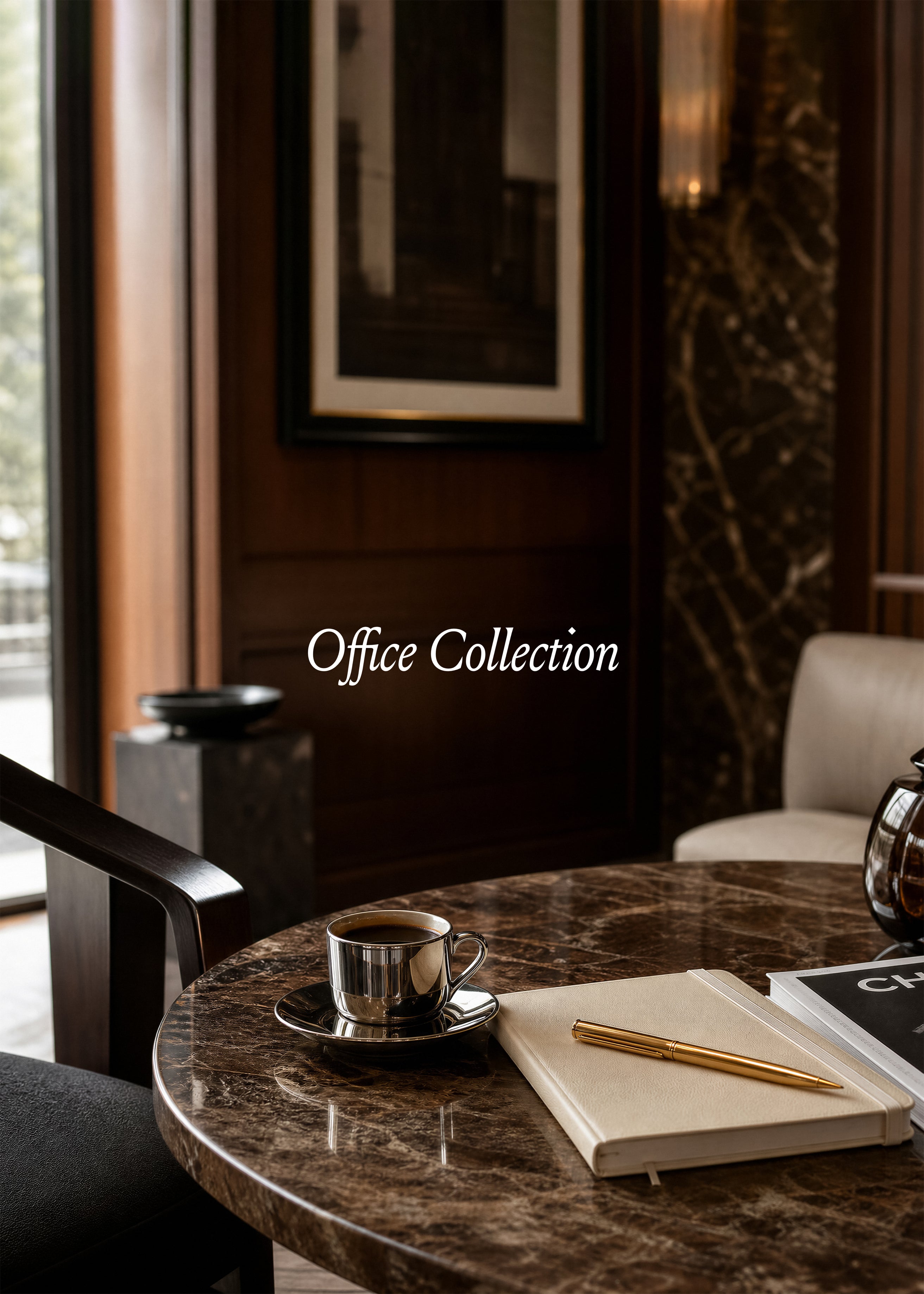 Dark marble table with silver espresso cup, cream notebook and gold pen, wood-panelled luxury office, Office Collection stock