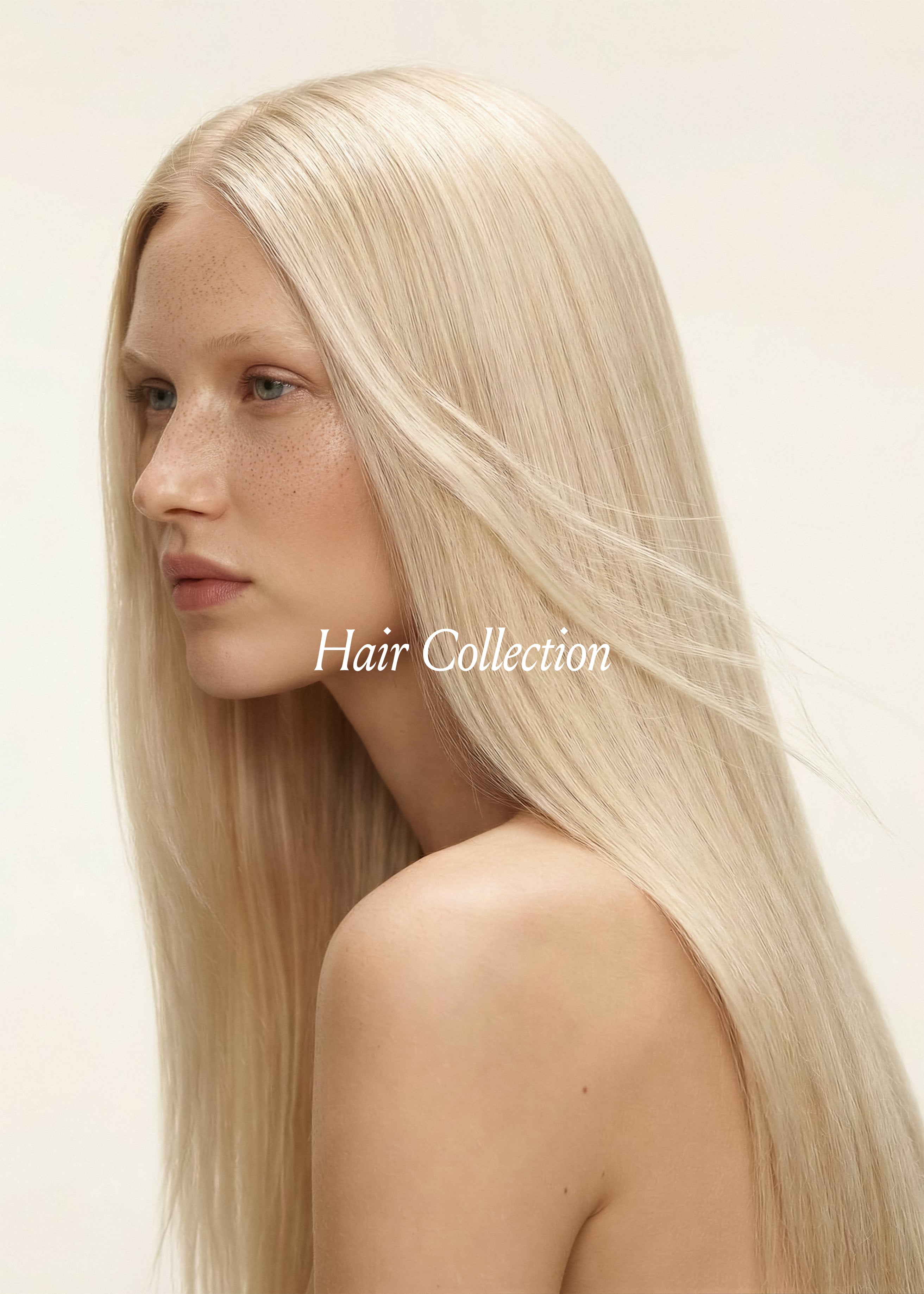 Side profile of blonde model with long straight platinum hair against a warm cream background, Hair Collection Studio Blanche