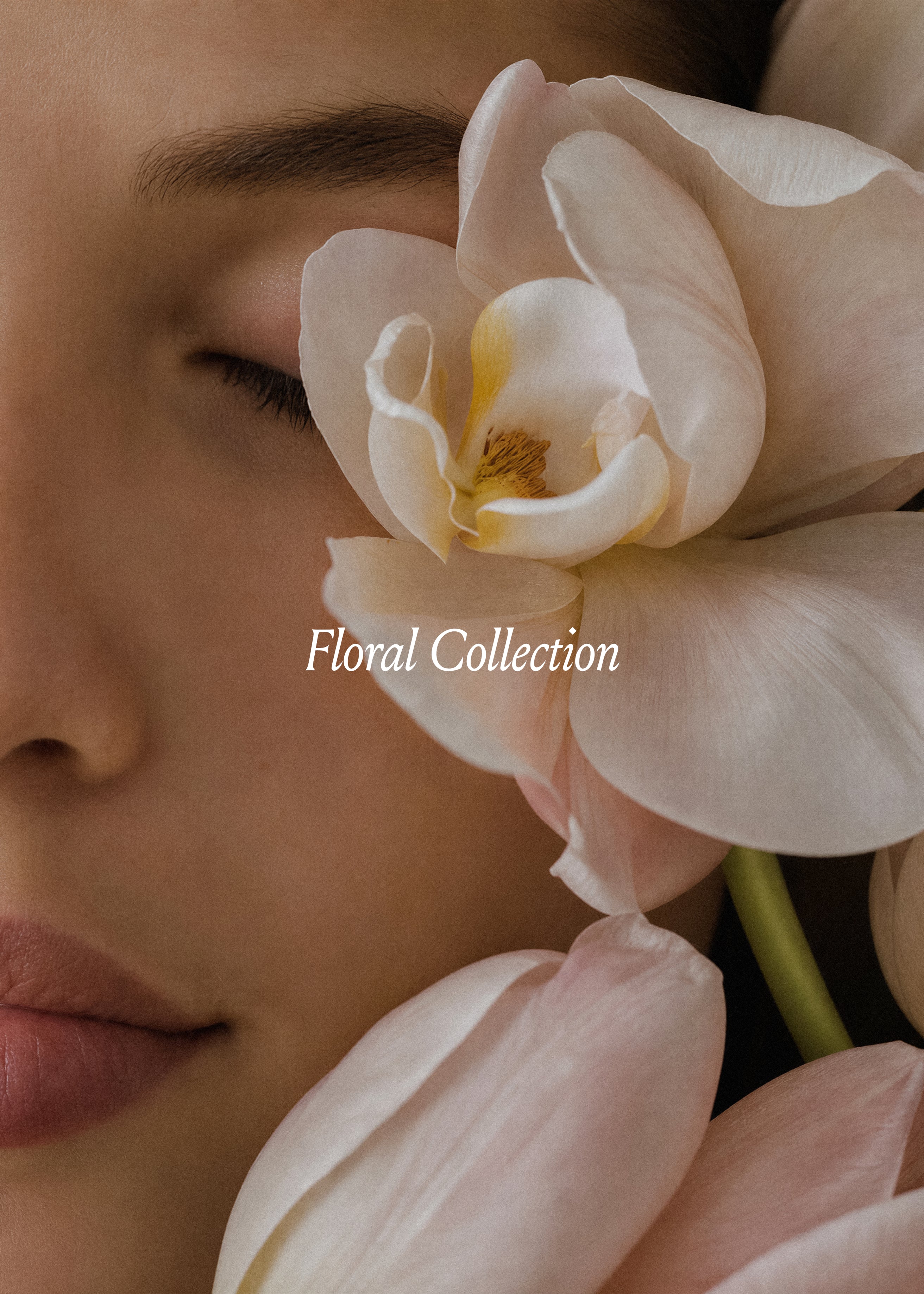 Layered print mockup showing Flowers Vol. I floral stock images in a sand-toned box with paper and paperclip styling
