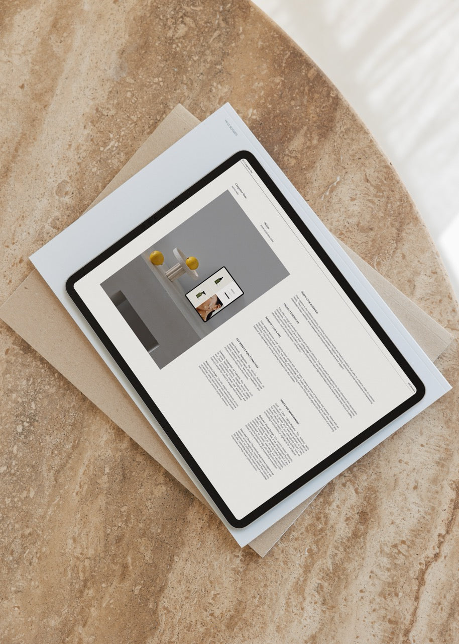 Digital tablet displaying a webpage on a textured surface