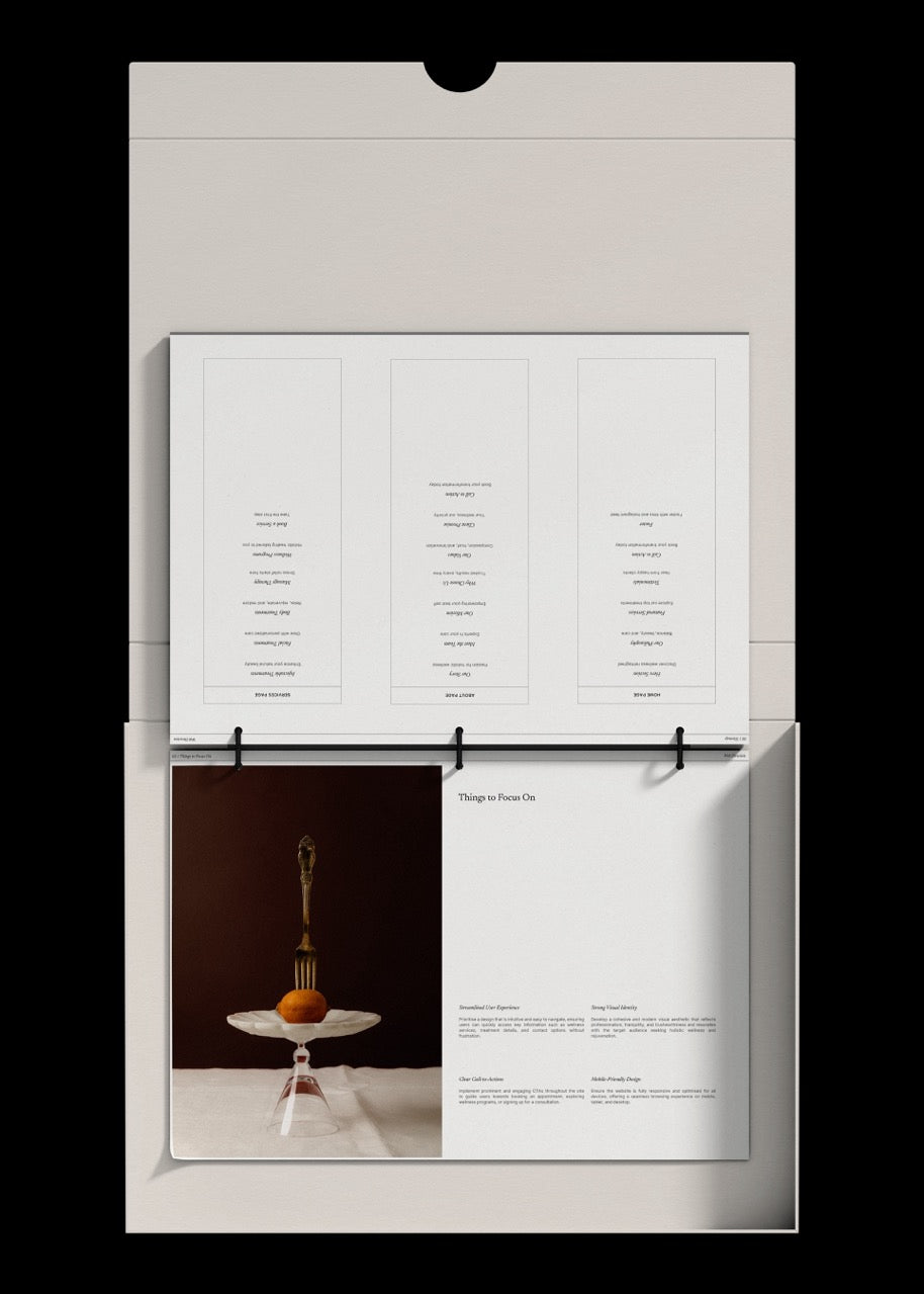 Sitemap strategy layout for web design with a photograph of a dessert on a stand and text on a white background