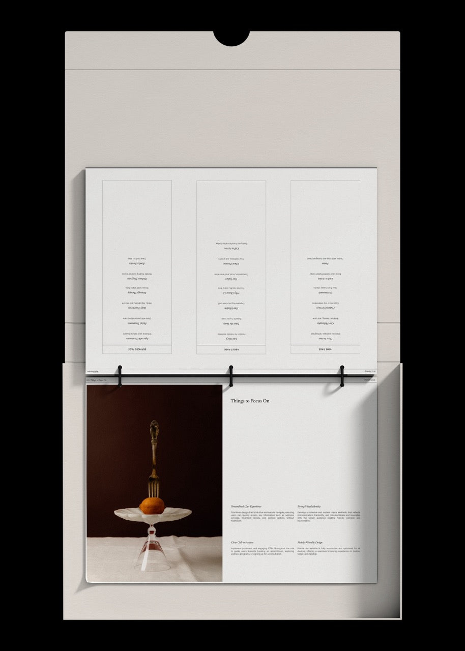 Sitemap strategy layout for web design with a photograph of a dessert on a stand and text on a white background