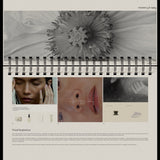 Design layout with a flower illustration, text, and images on a beige background