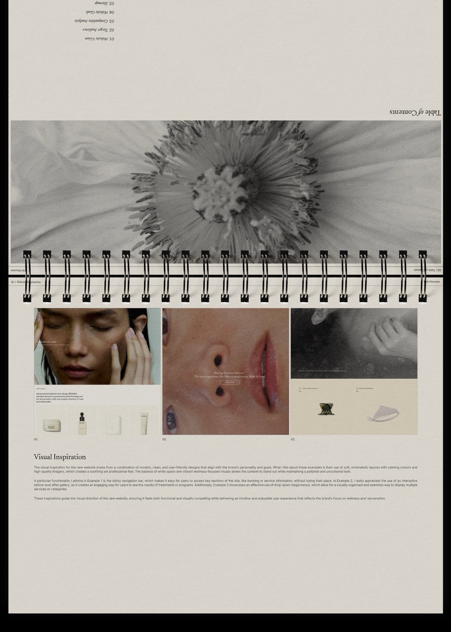Design layout with a flower illustration, text, and images on a beige background