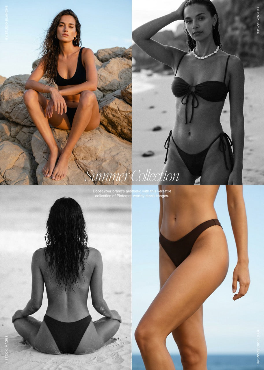 Collage of a woman in black swimwear on a beach with 'Summer Collection' text.