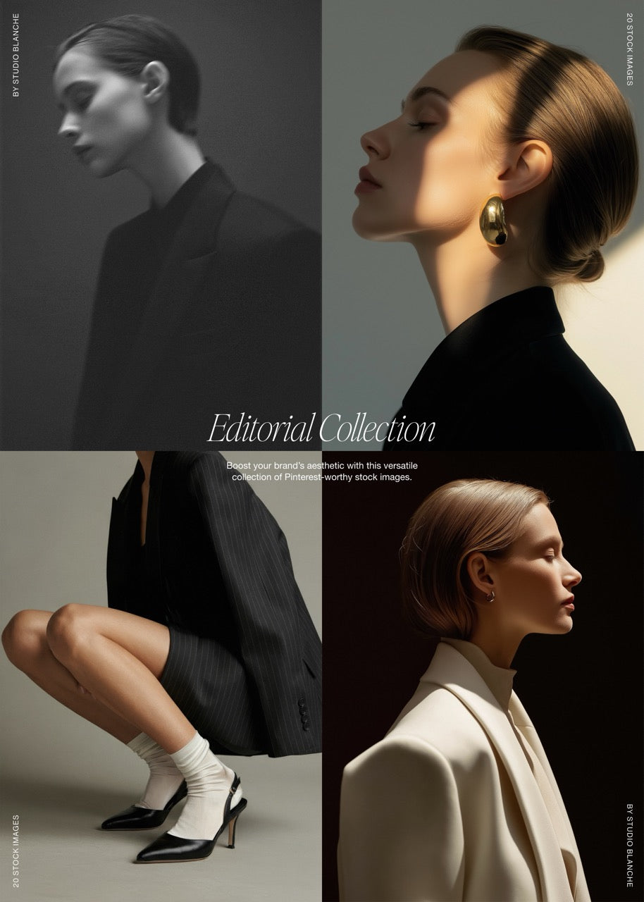 Collage of a woman in various poses with text indicating an editorial collection.