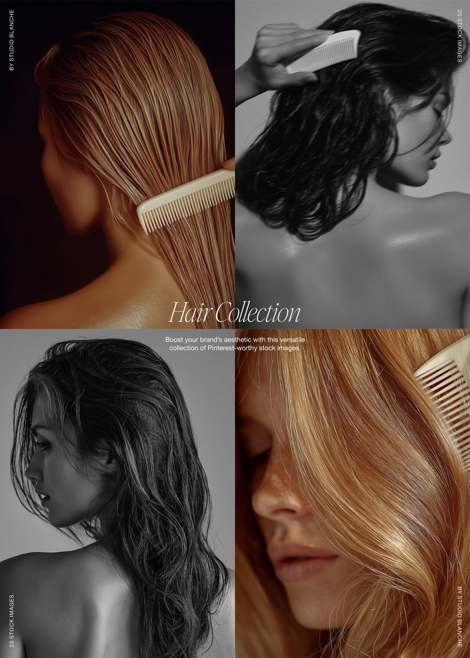 Collage of hair care images with a focus on hair collection theme.