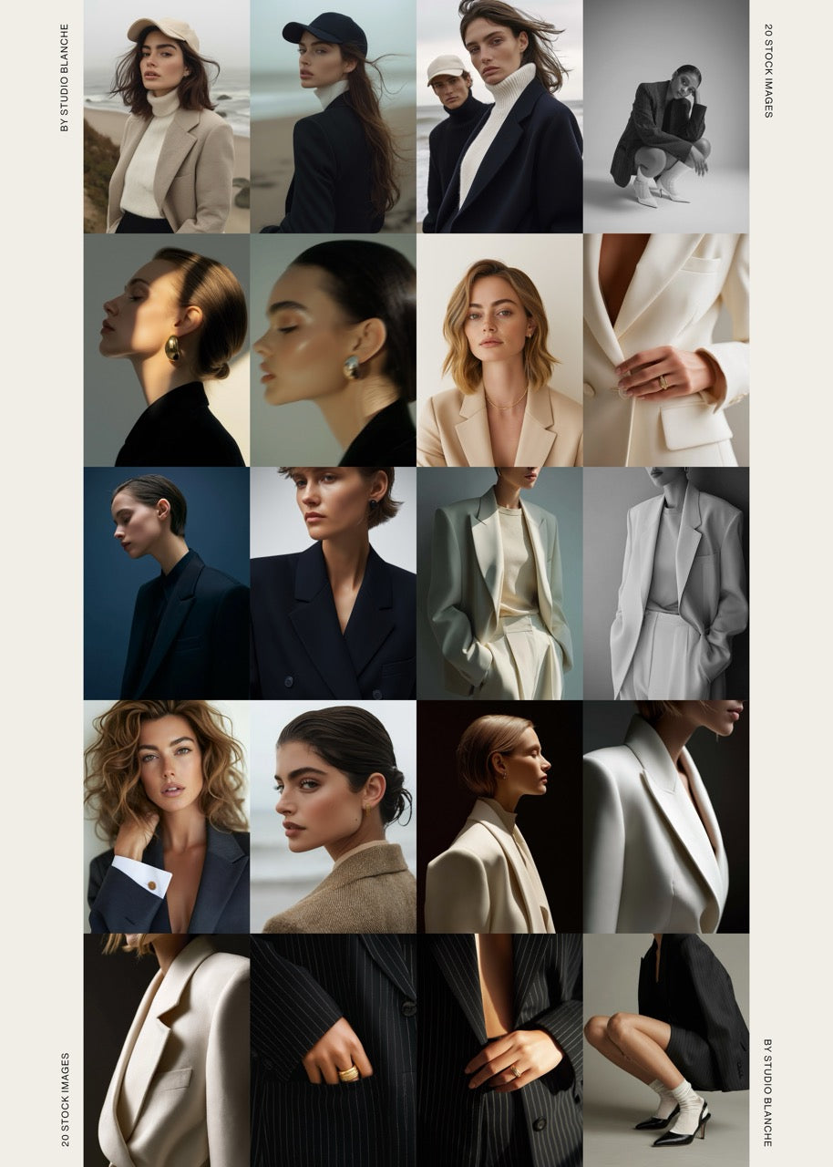 Collage of a woman in various outfits and poses against neutral backgrounds