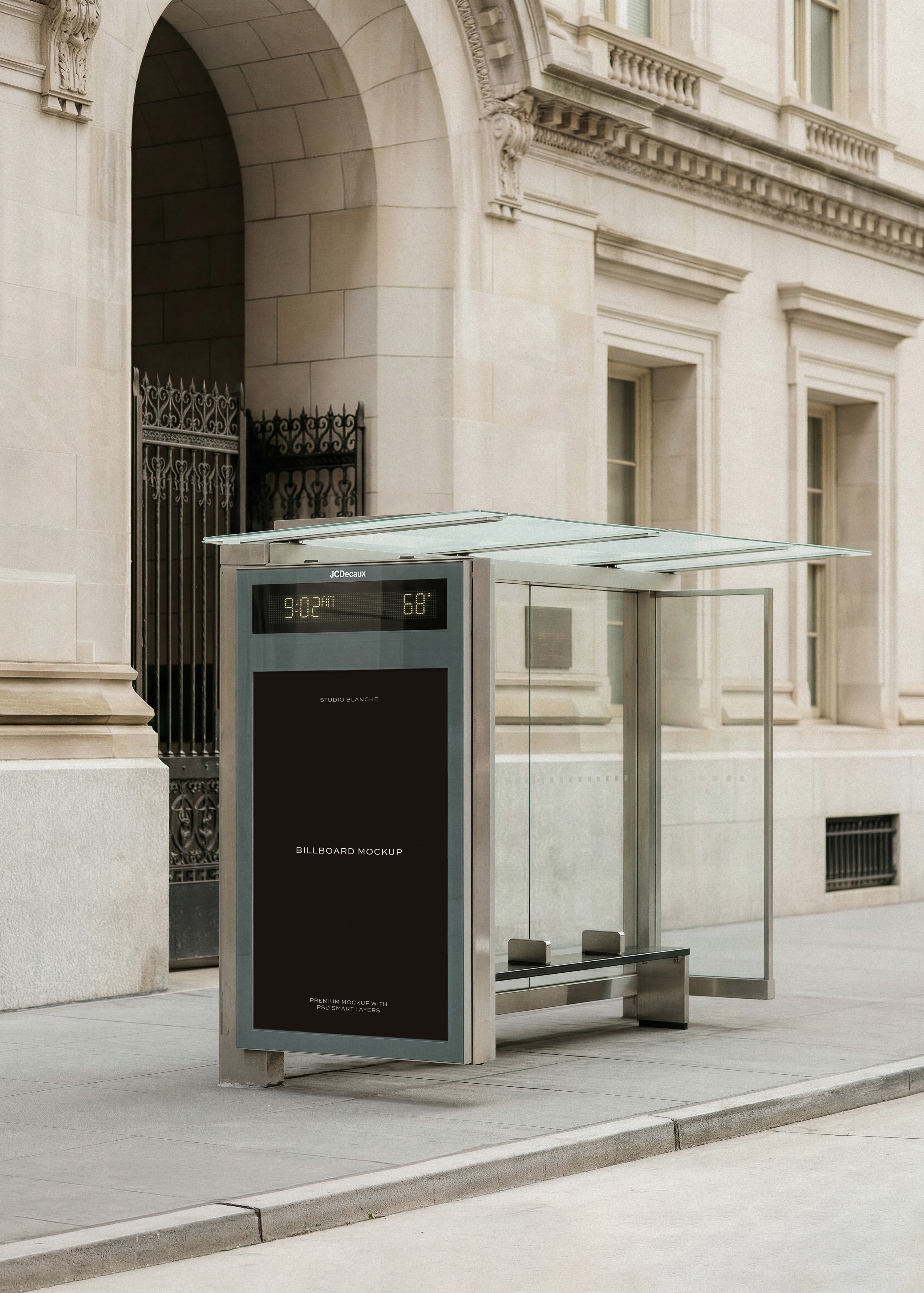 Bus shelter billboard mockup with luxury fashion campaign on a New York city street, from Studio Blanche