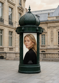 Morris column billboard mockup with dark green cast iron column and lion head details in a Parisian courtyard, displaying fashion campaign