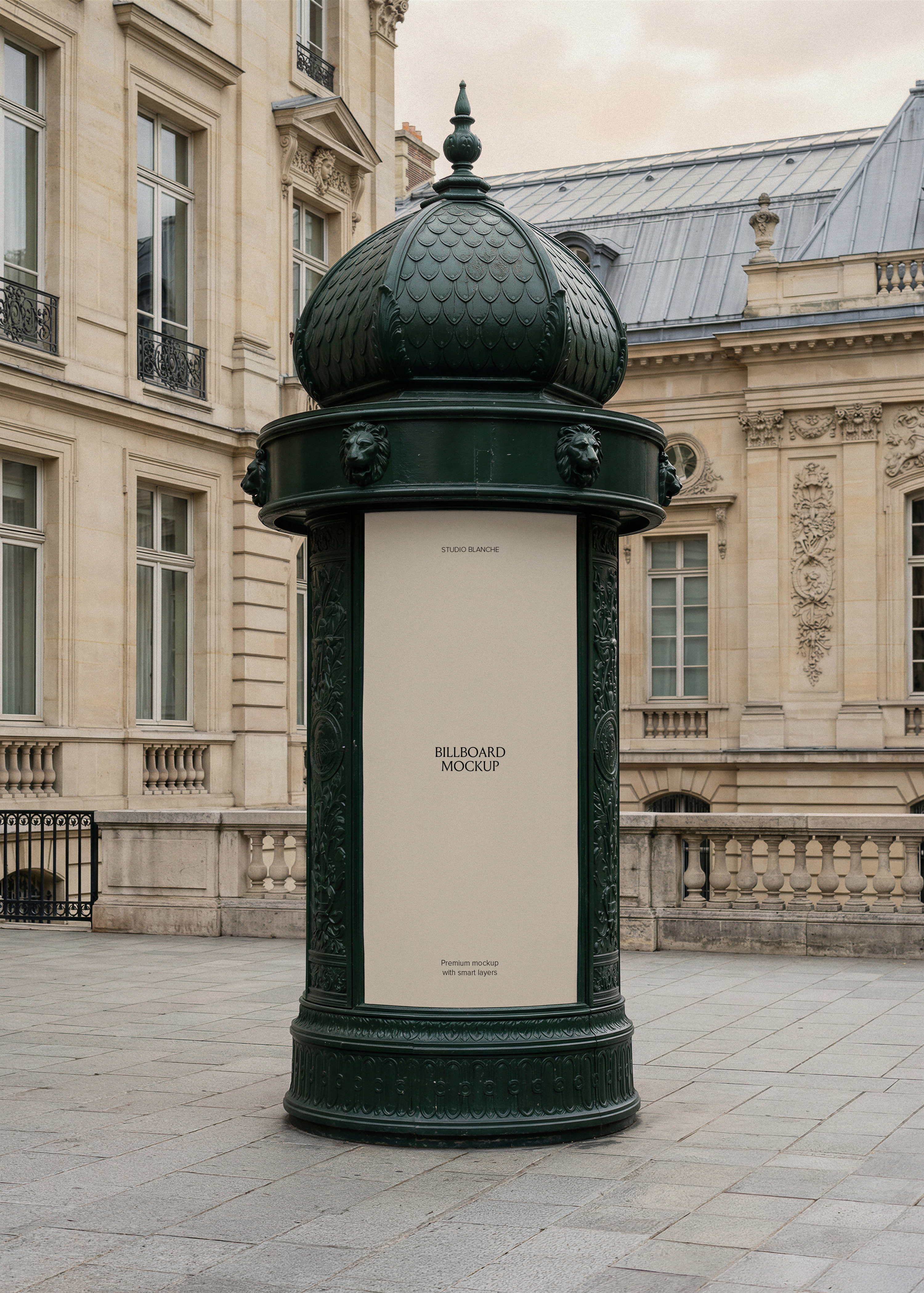 Blank Morris column mockup on a dark green ornate cast iron column in a Parisian square, empty panel with Studio Blanche label