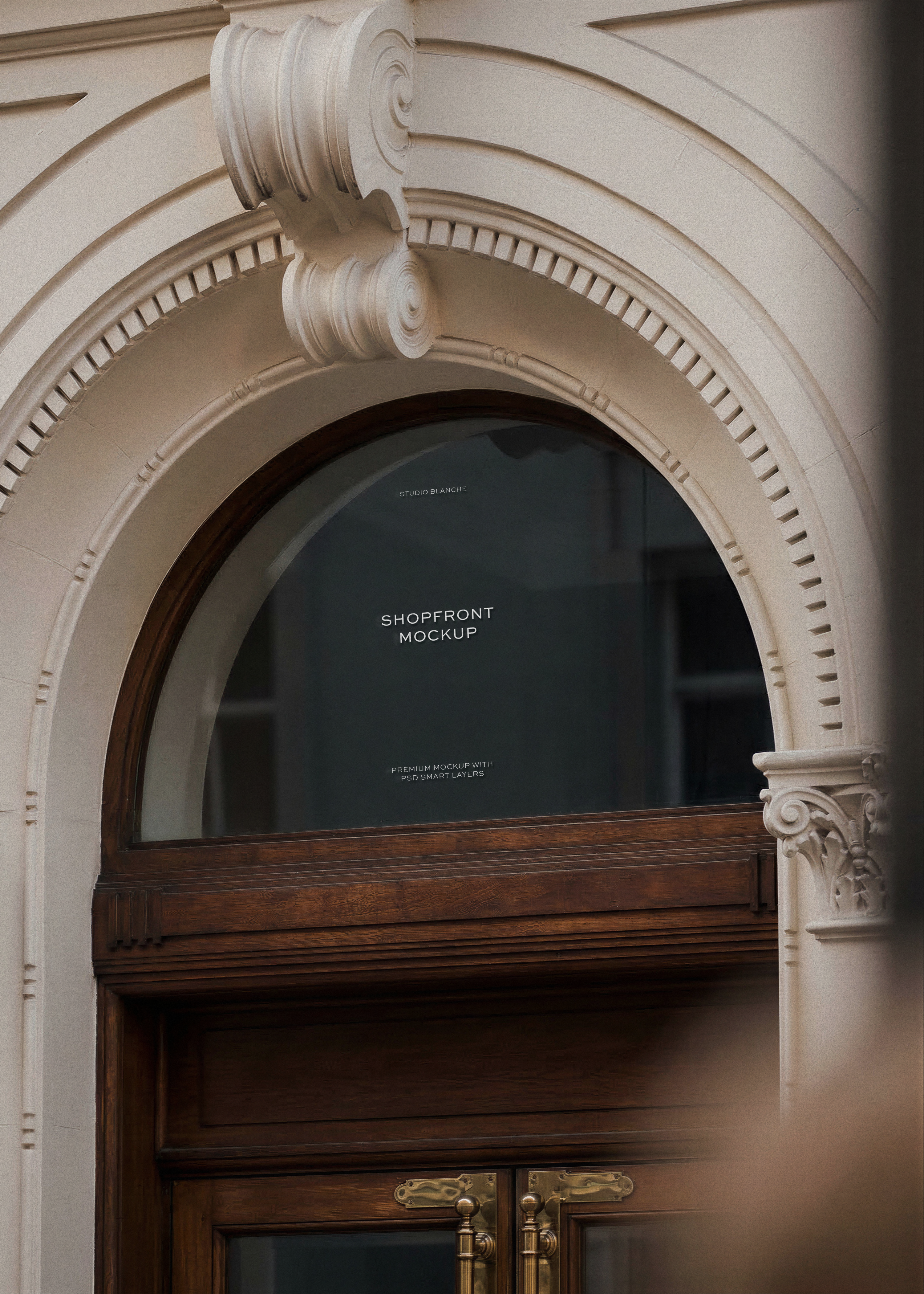 Shopfront window mockup in grand arched stone doorway with dark wood and brass hardware, from Studio Blanche