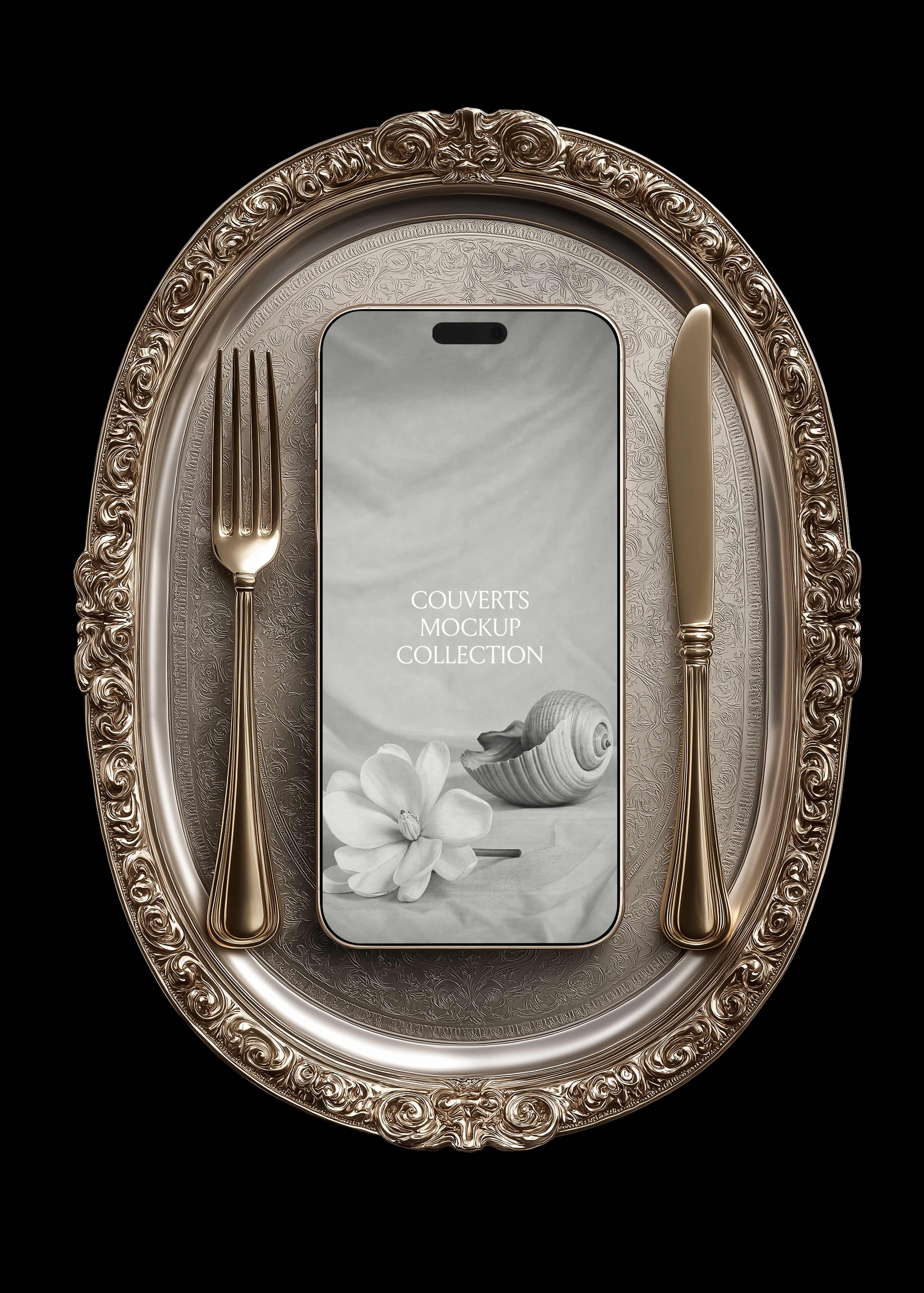 iPhone mockup centred on ornate baroque gold oval tray with gilded fork and knife, black background, editorial luxury styling