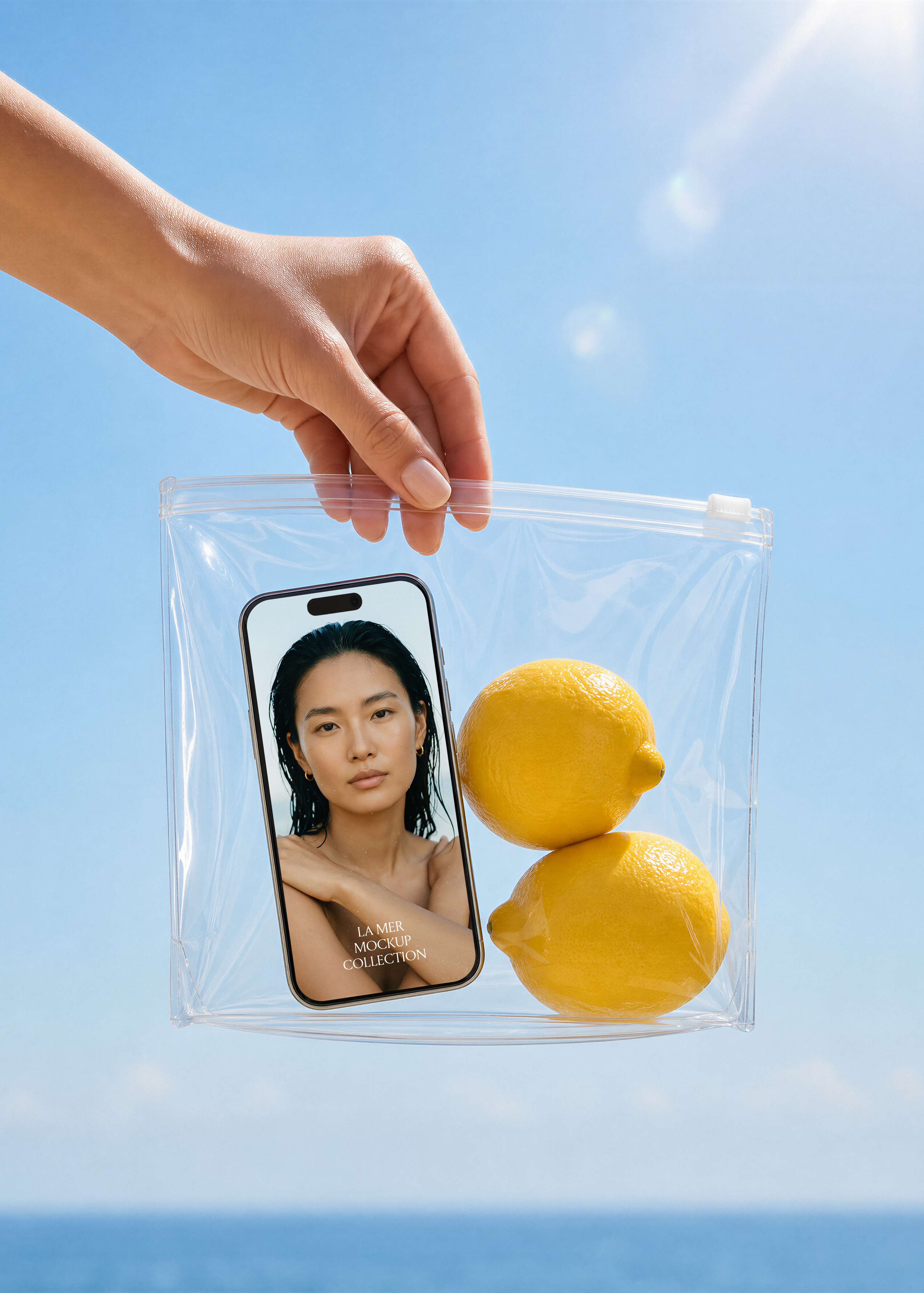 iPhone mockup with a beauty campaign screen and two lemons inside a clear zip bag against a blue coastal sky