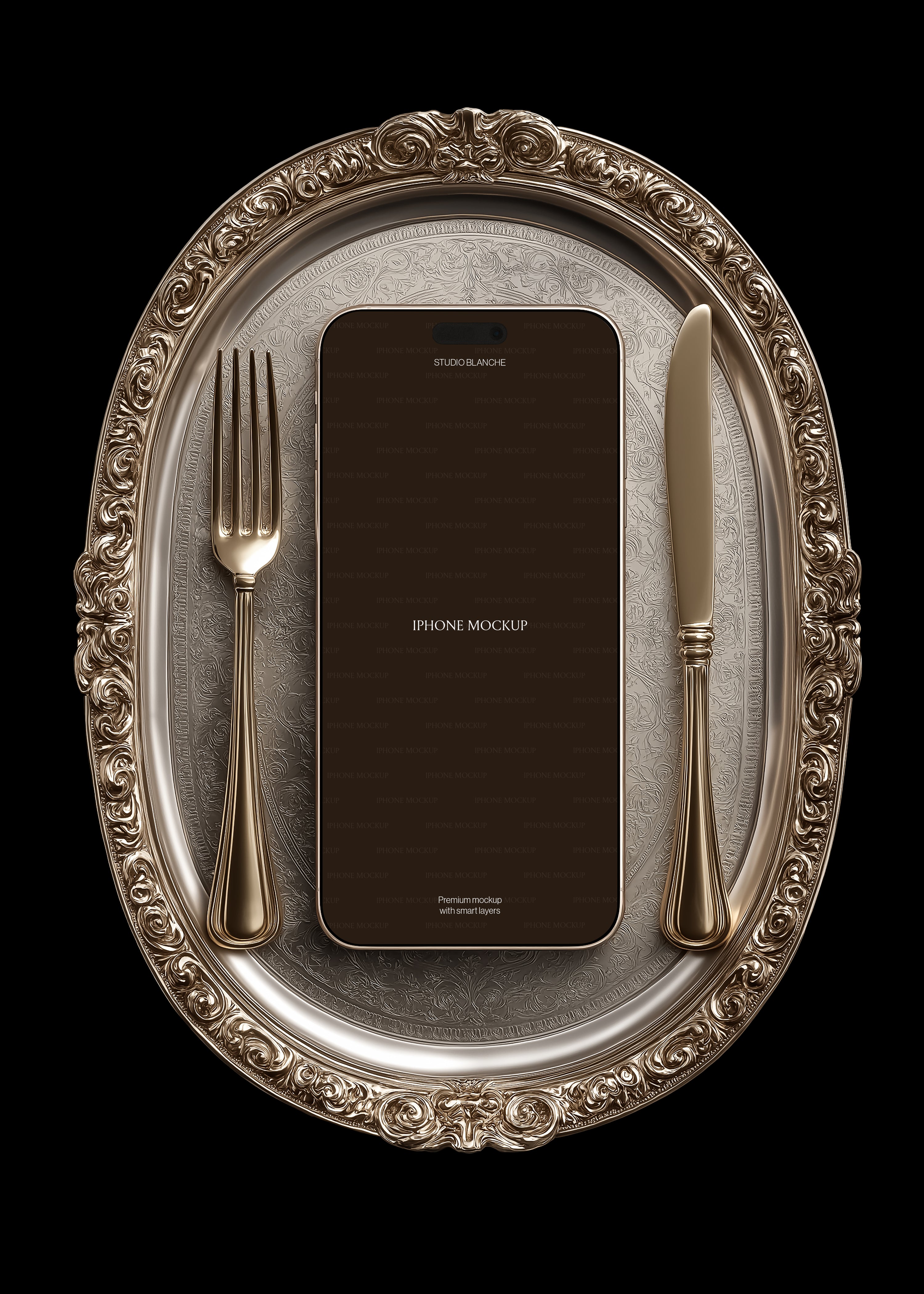 iPhone mockup on engraved gold serving platter with antique silverware, dark editorial scene, luxury brand concept presentation