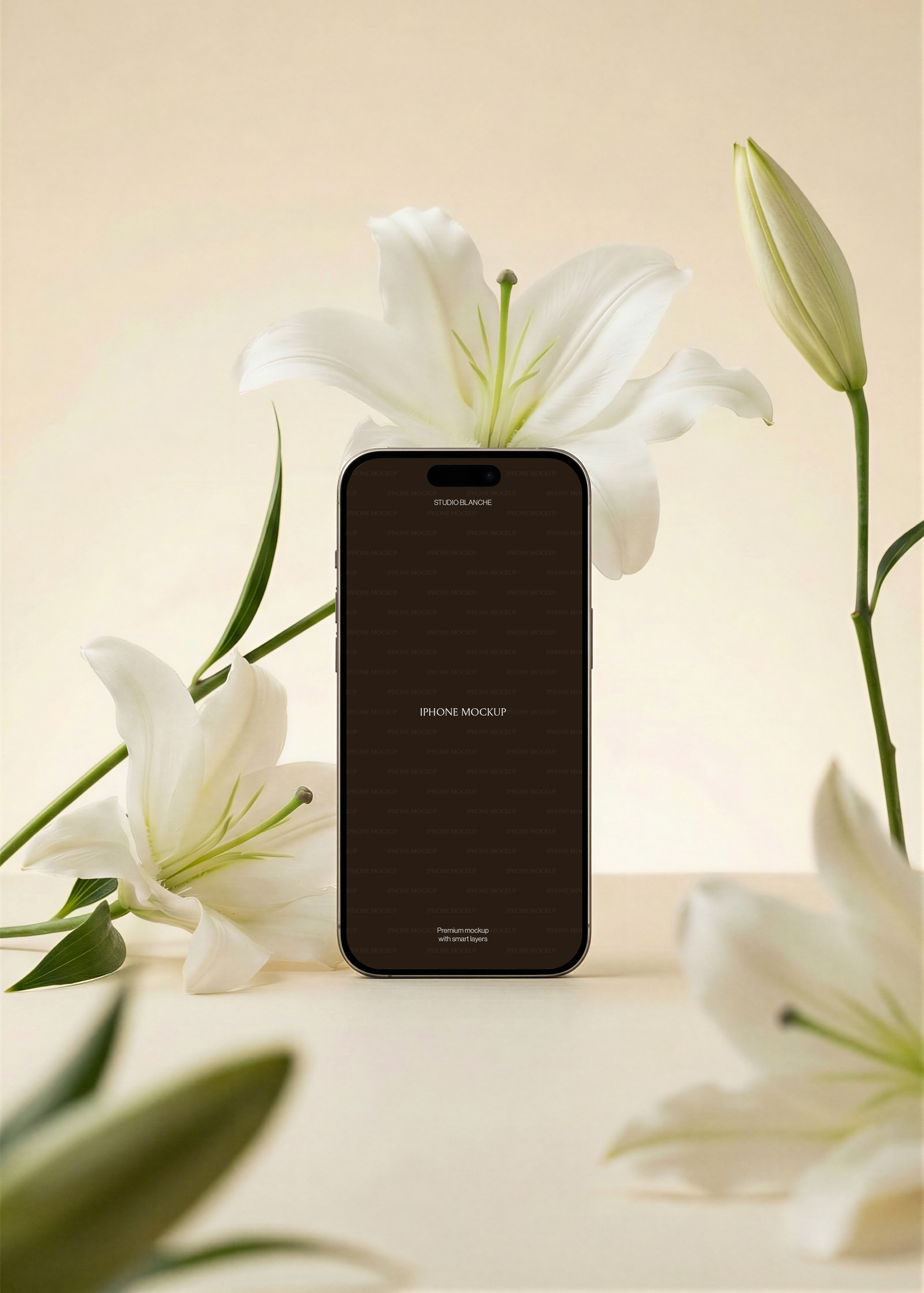iPhone mockup with screen area, white lily bloom behind, tall bud stem right, open lily blooms foreground, beige background