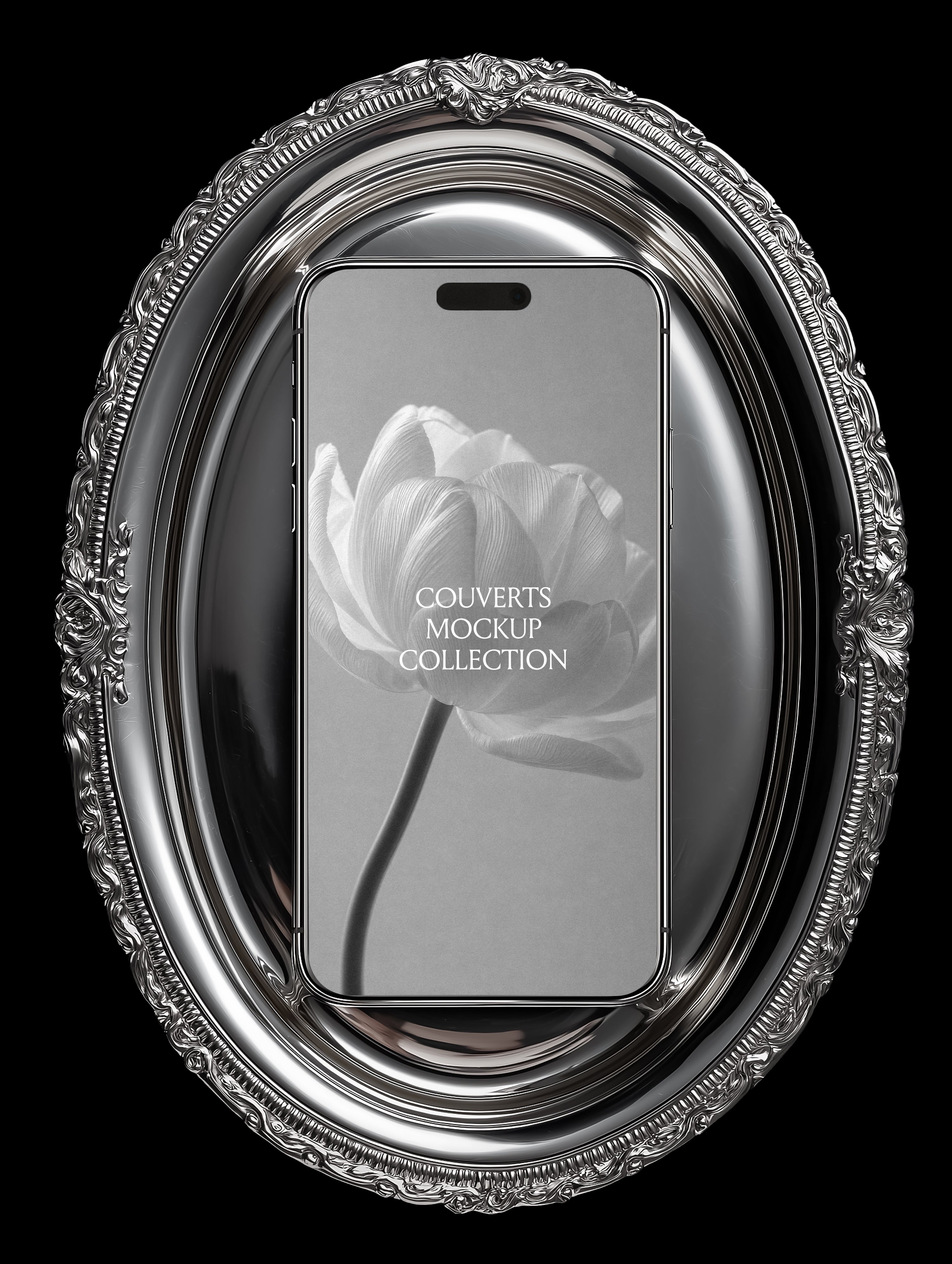 iPhone mockup on polished chrome baroque oval tray, front-facing portrait, black background, luxury editorial scene