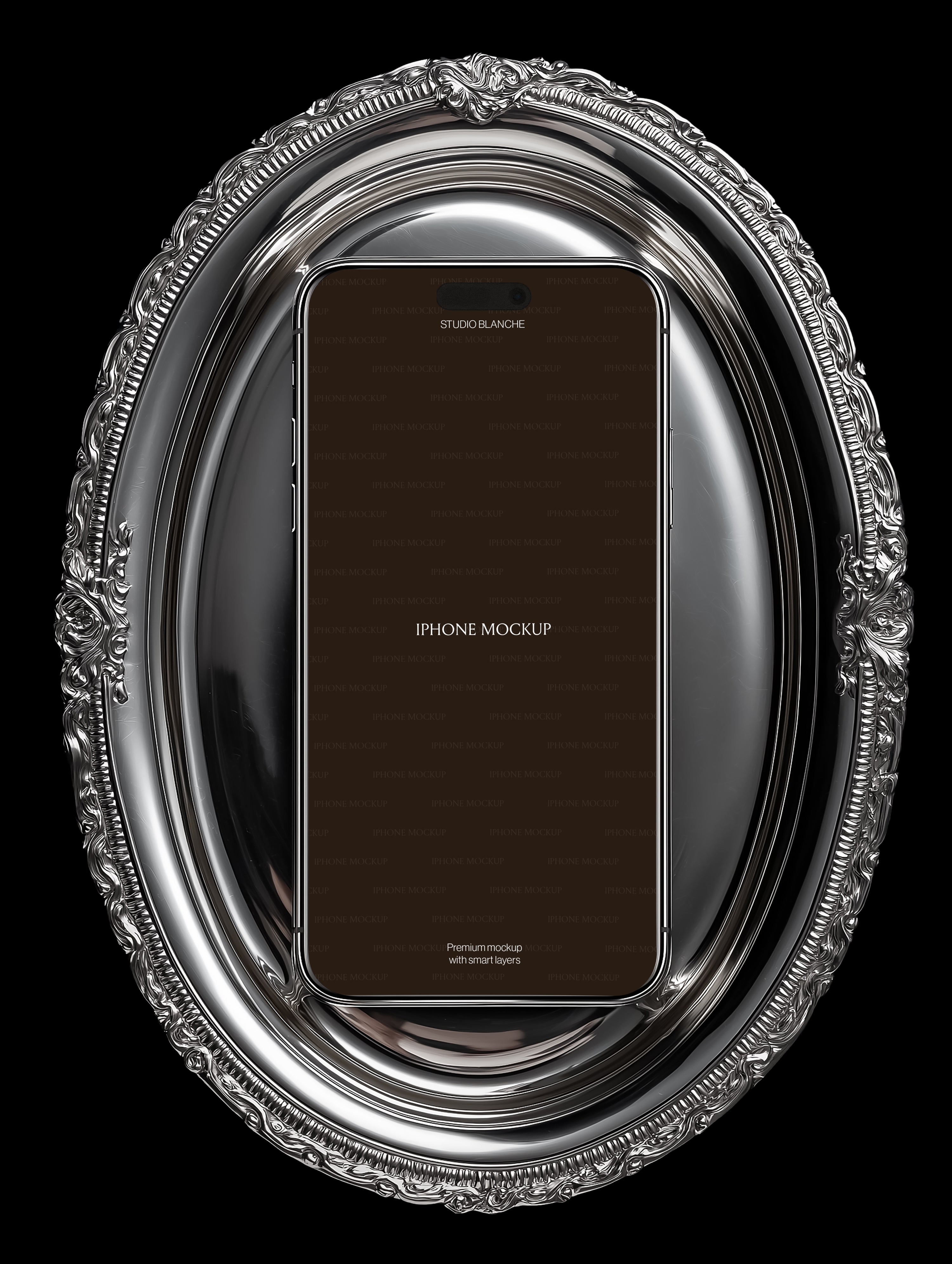 Empty iPhone mockup on ornate silver oval tray, straight-on editorial view, decorative baroque border, black background
