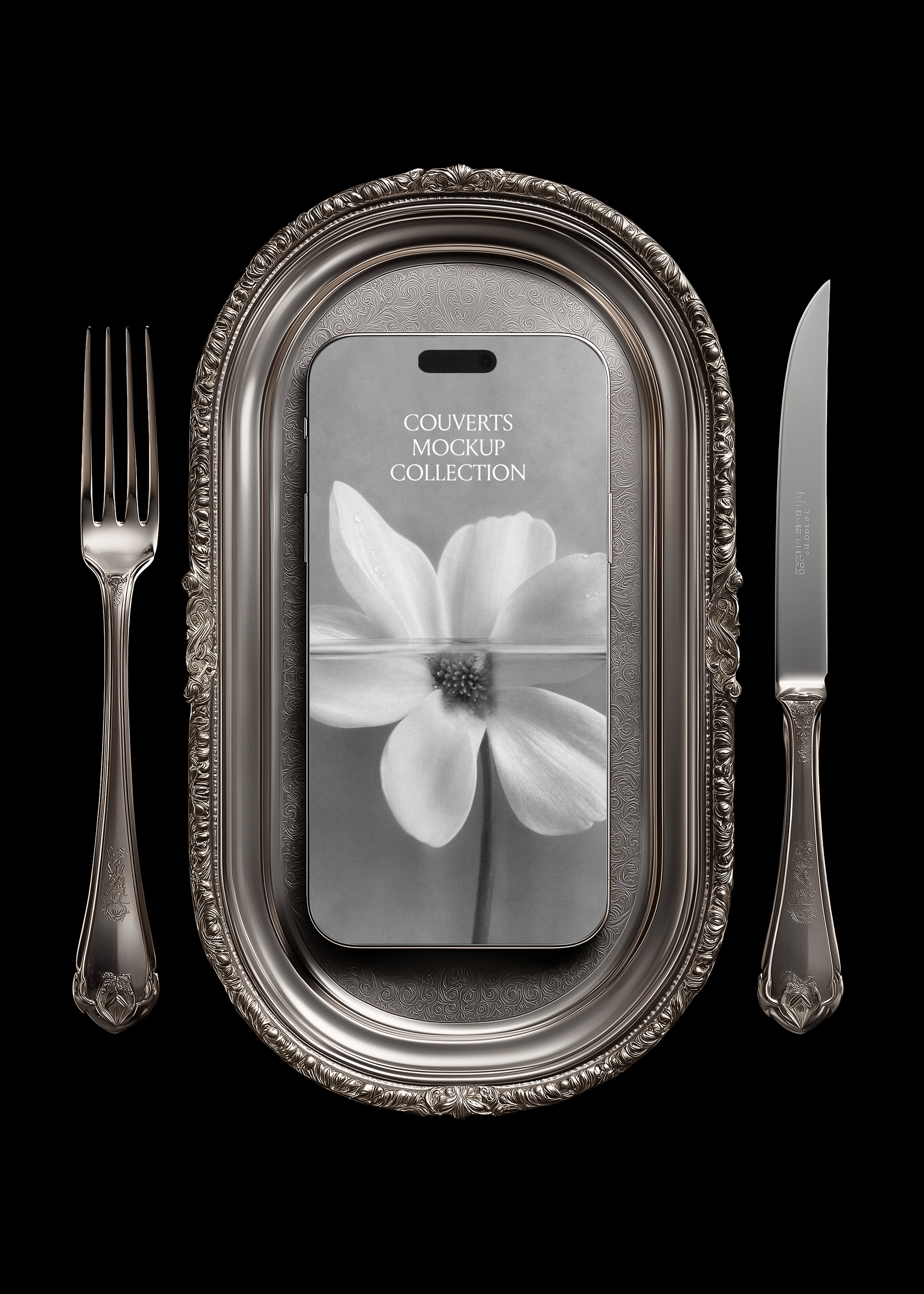 iPhone mockup on engraved pewter oval tray, ornate silver fork and knife flanking device, portrait view, black background
