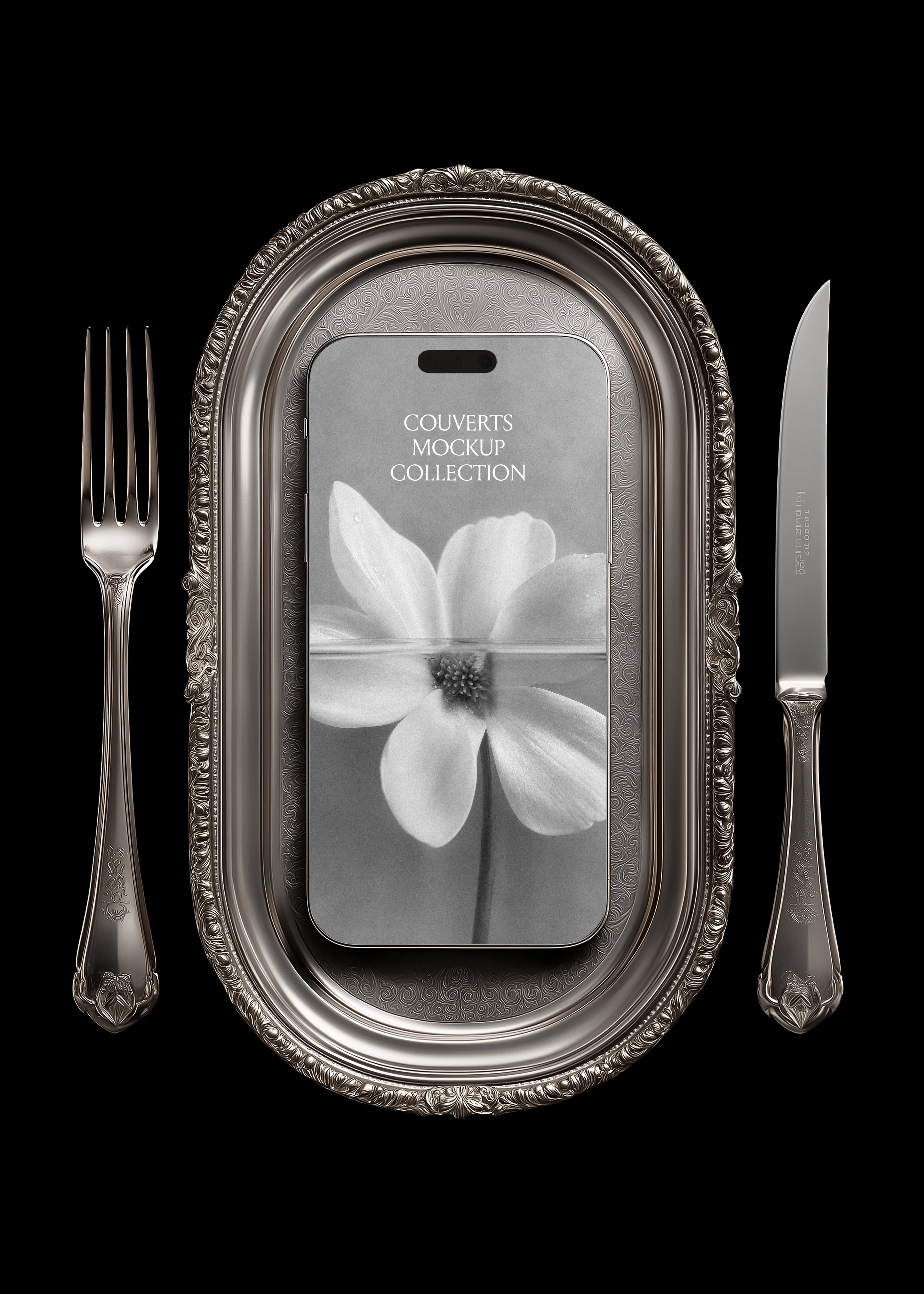 iPhone mockup on engraved pewter oval tray, ornate silver fork and knife flanking device, portrait view, black background