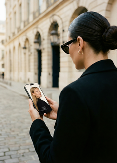 Woman in black holding iPhone on cobbled Paris street, screen showing editorial fashion website, stone arches behind