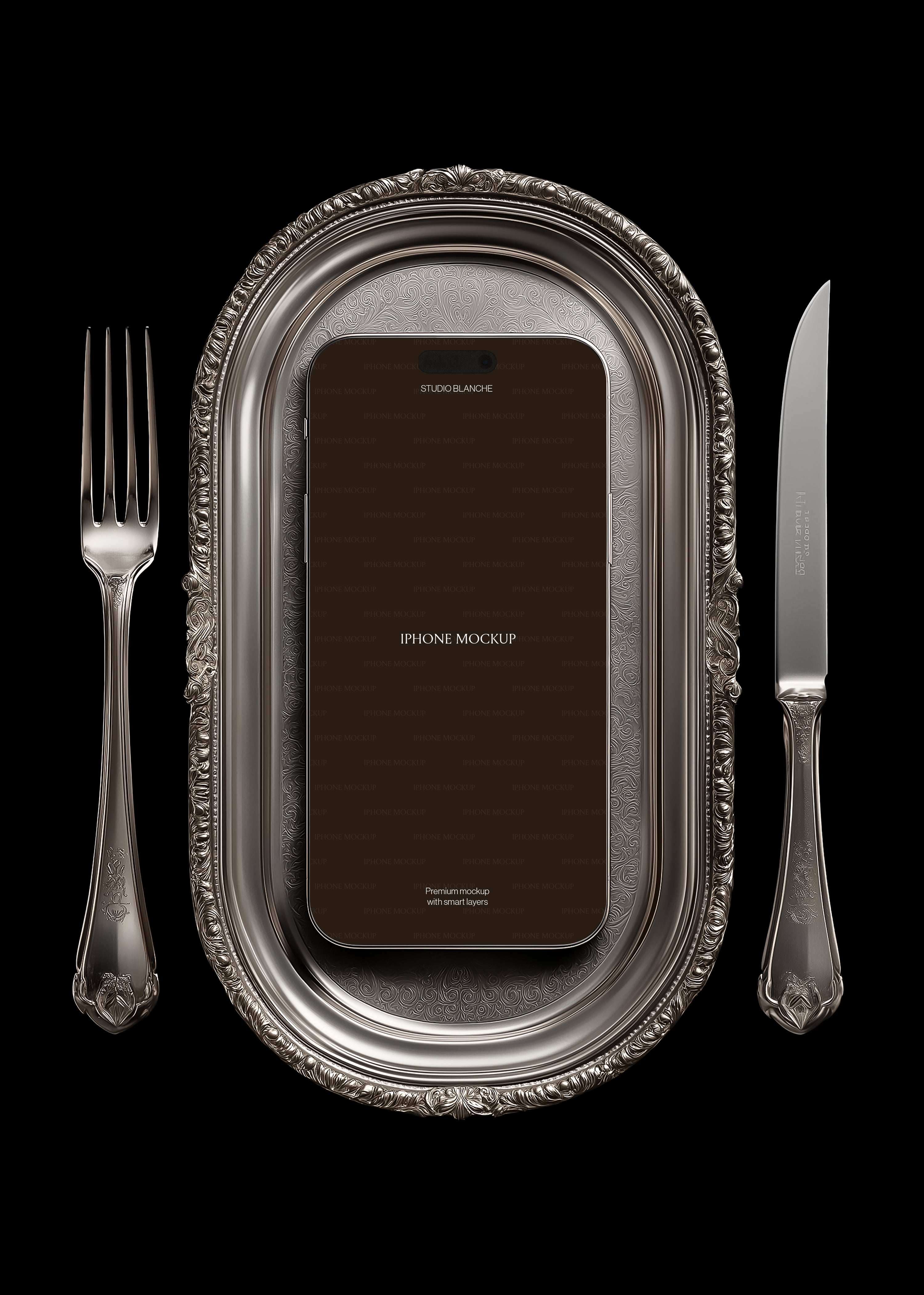 Empty iPhone mockup on ornate silver serving tray with decorative fork and steak knife, overhead portrait view, dark editorial background