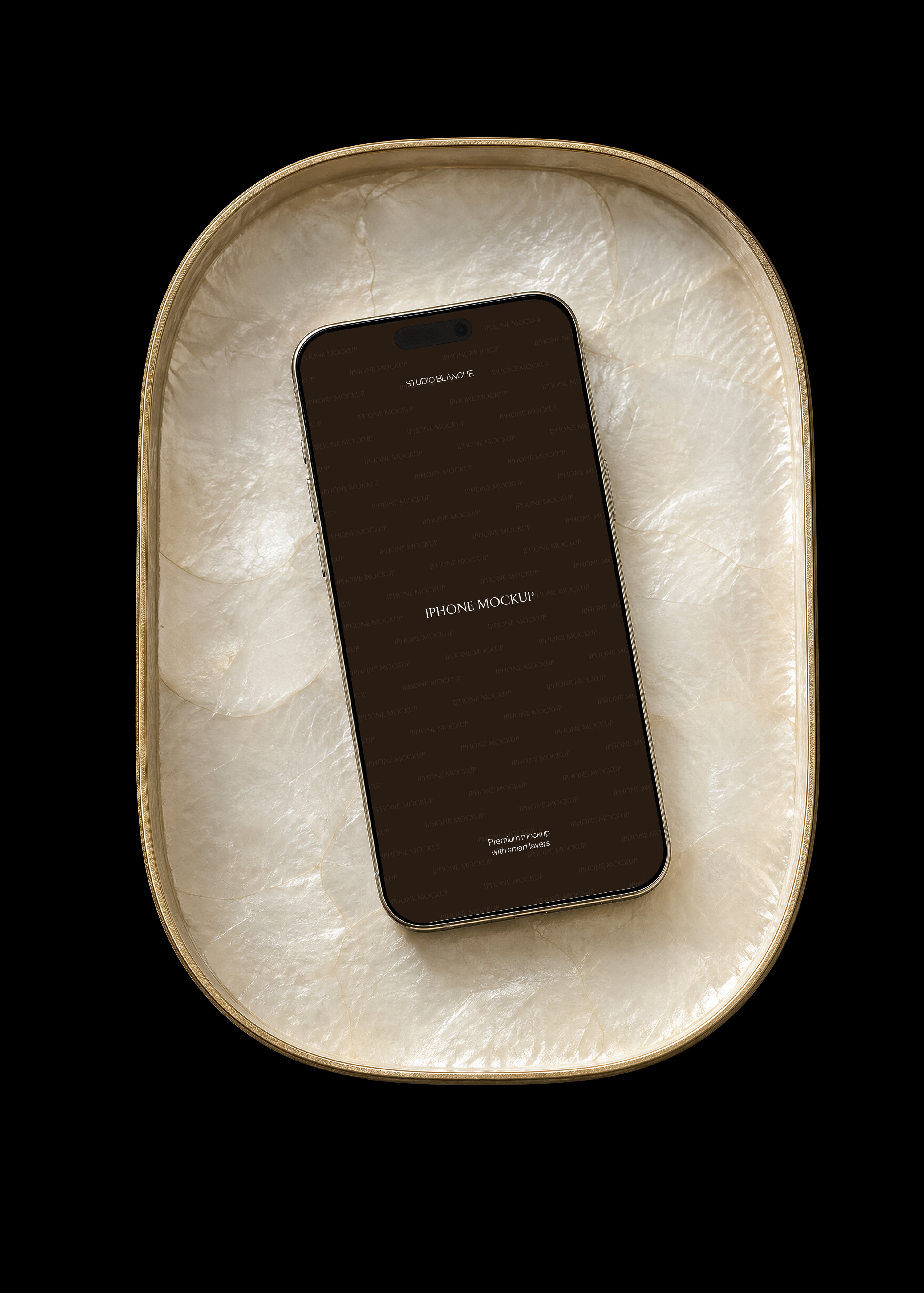 iPhone mockup with dark editable screen on gold-edged capiz shell tray, centred layout, dark editorial styling