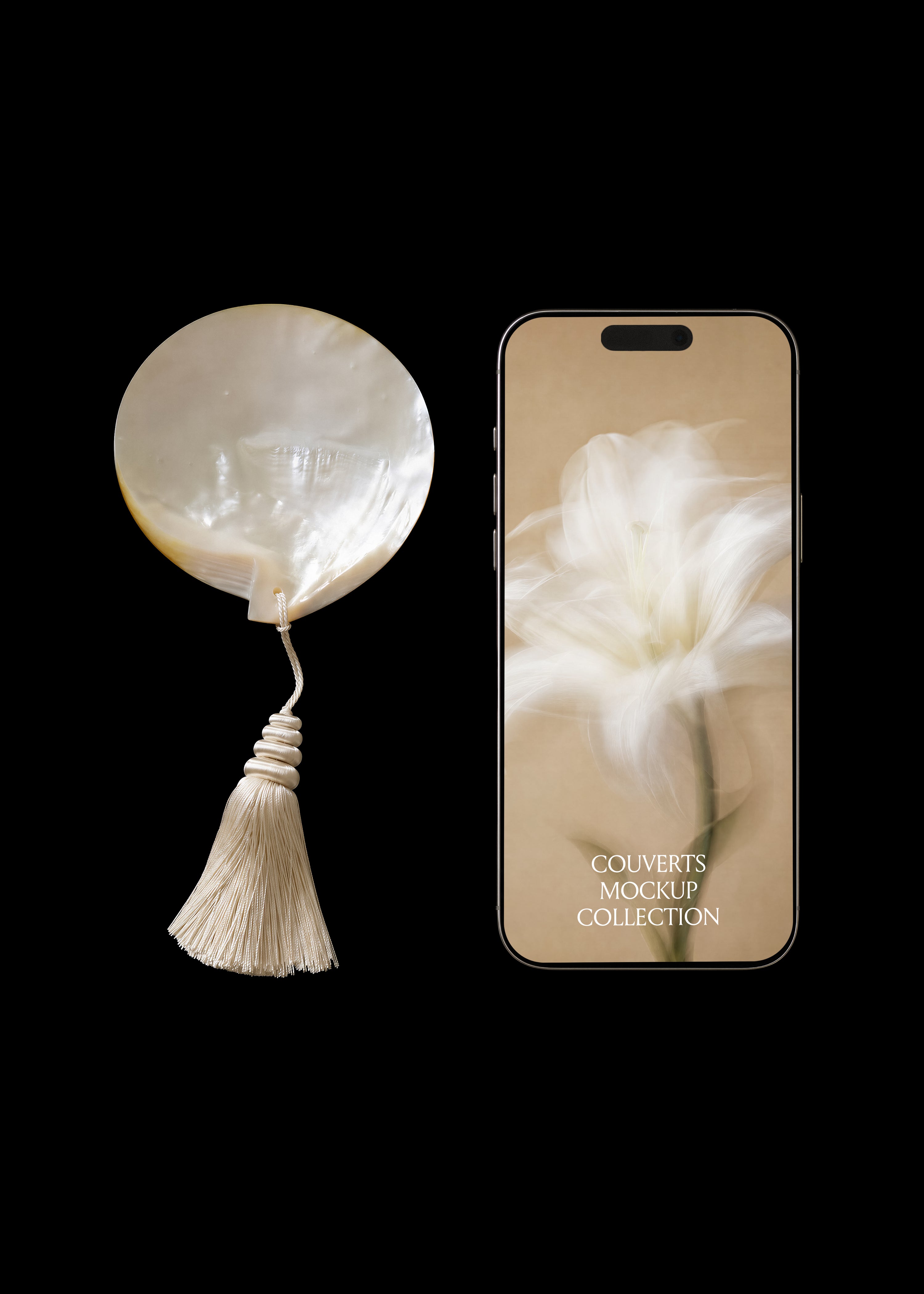 iPhone mockup with soft white floral screen standing beside a round mother-of-pearl shell and cream silk tassel
