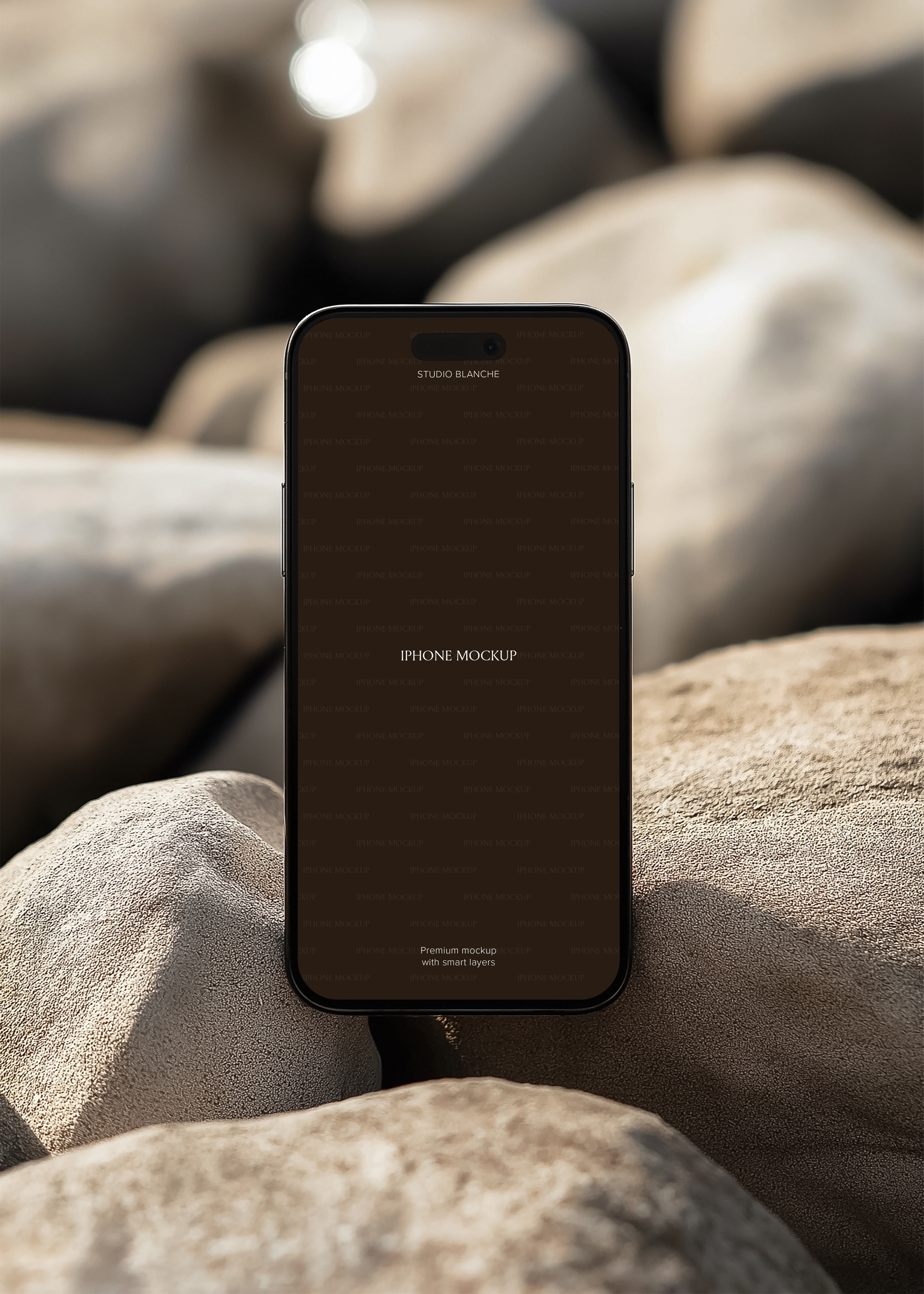 iPhone standing upright between sun-bleached coastal rocks, soft bokeh background, warm natural light mockup